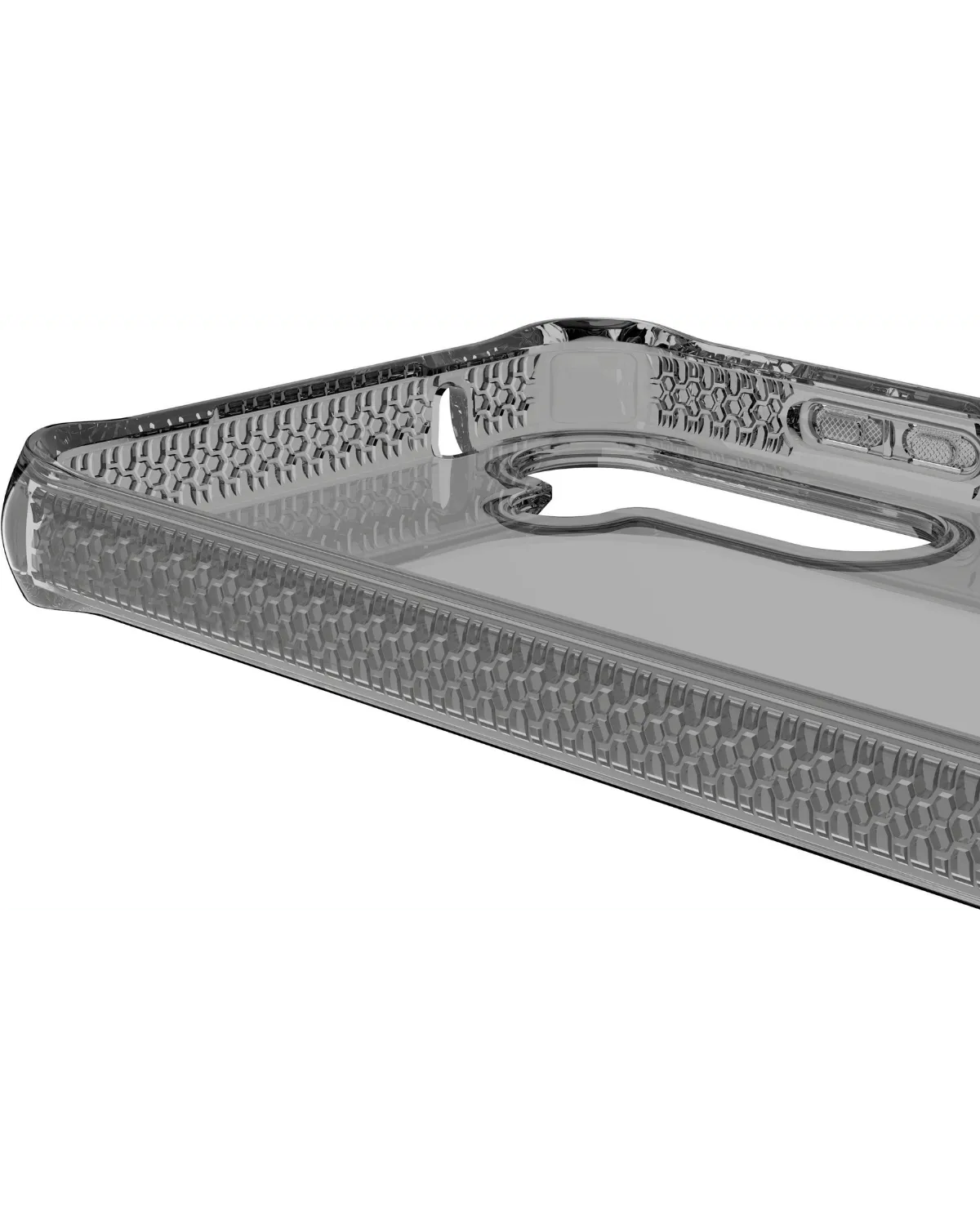 Detail van de bovenkant van de rookgrijze Itskins hoes met zichtbare structuur voor valbescherming.