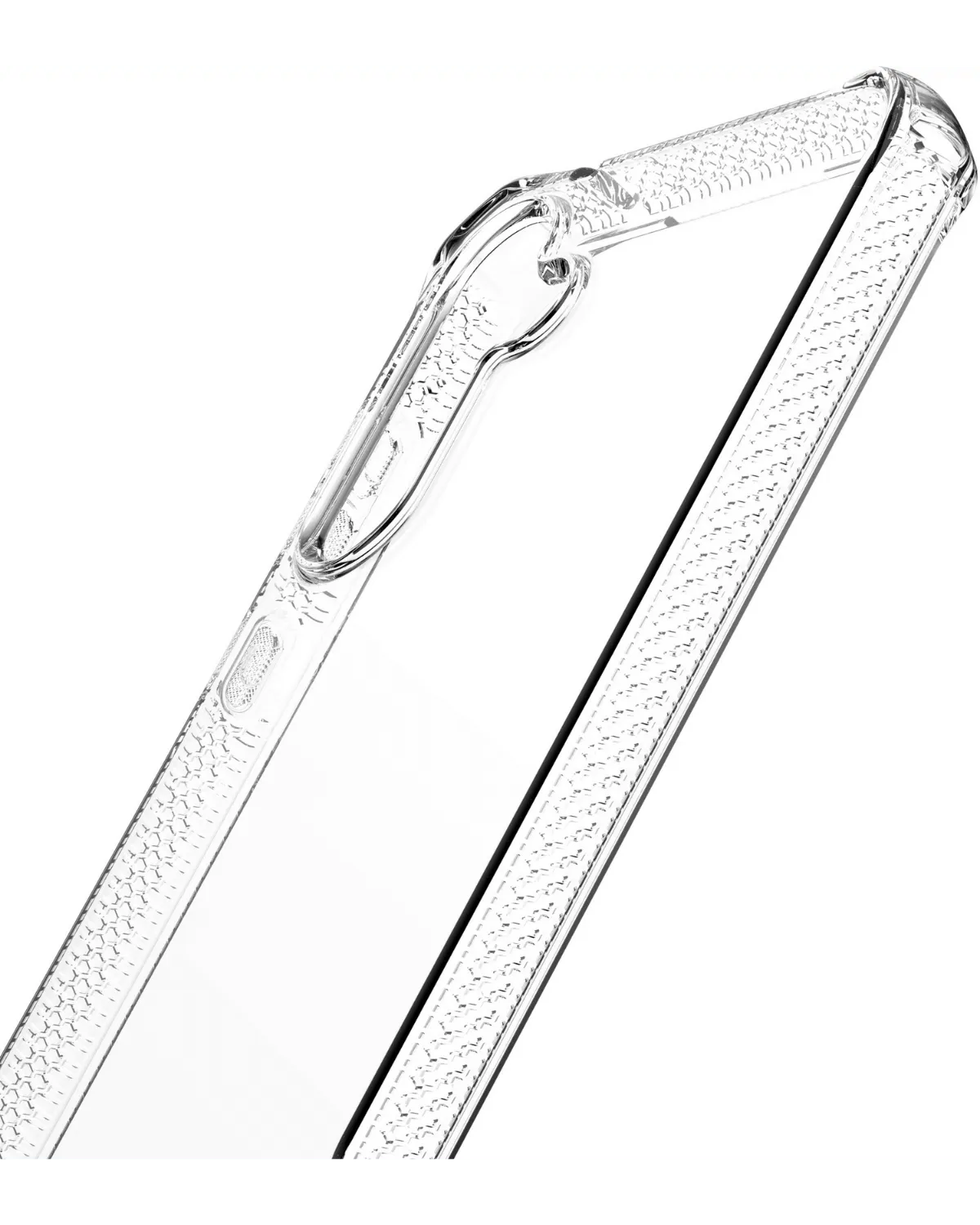 Zijkant van de transparante Itskins case met reliëfstructuur voor extra houvast.