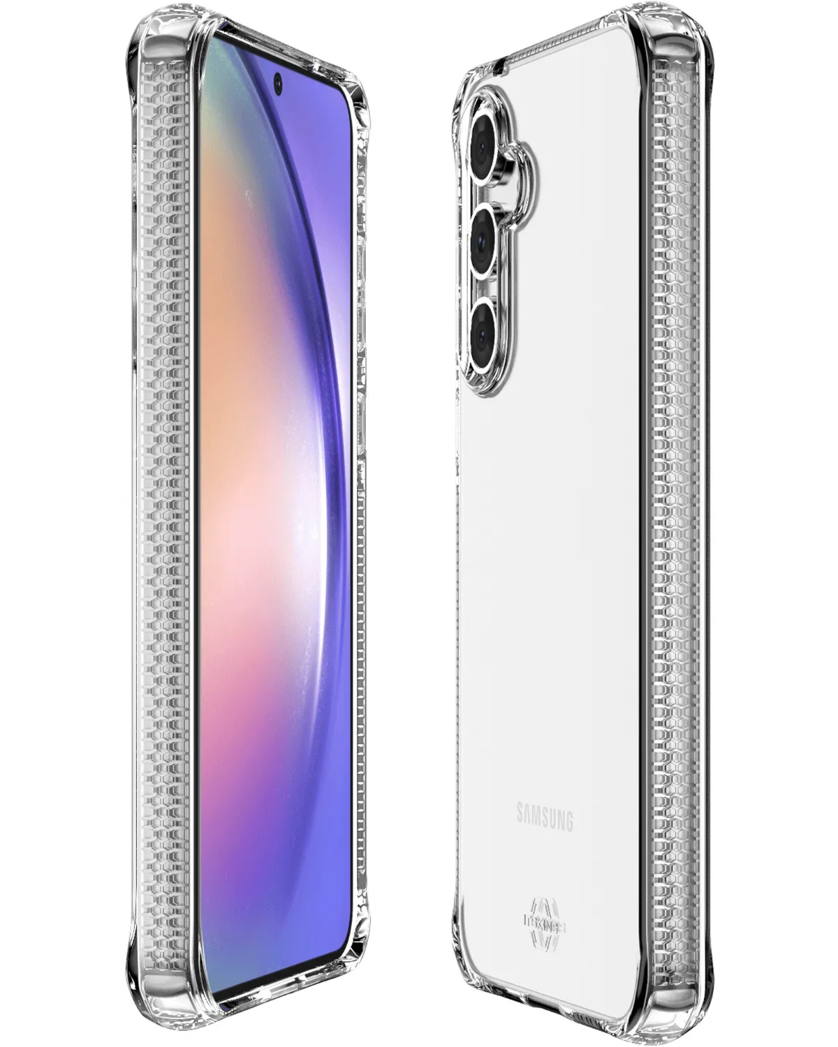 Voor- en achterkant van Samsung Galaxy A55 met helder Itskins SpectrumClear hoesje en stevige randen.