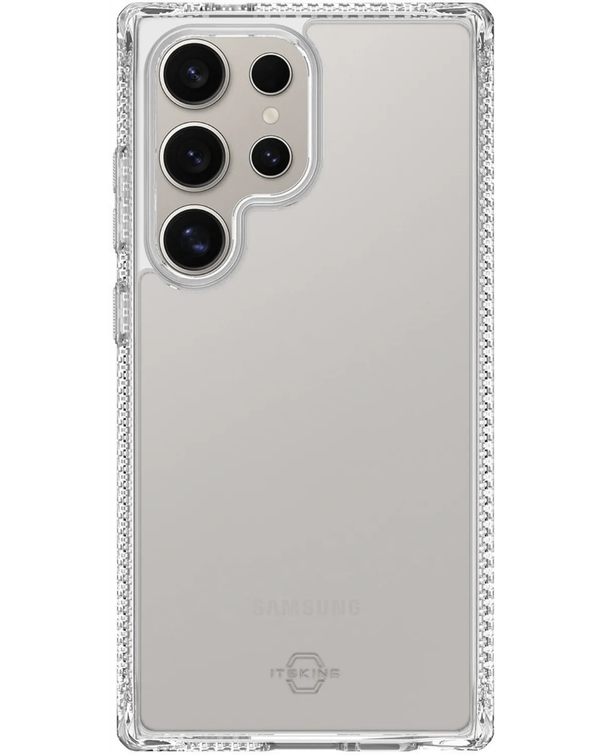 ITSKINS Spectrum Clear R transparante case op een Samsung Galaxy S24 Ultra, met verstevigde randen voor extra bescherming.