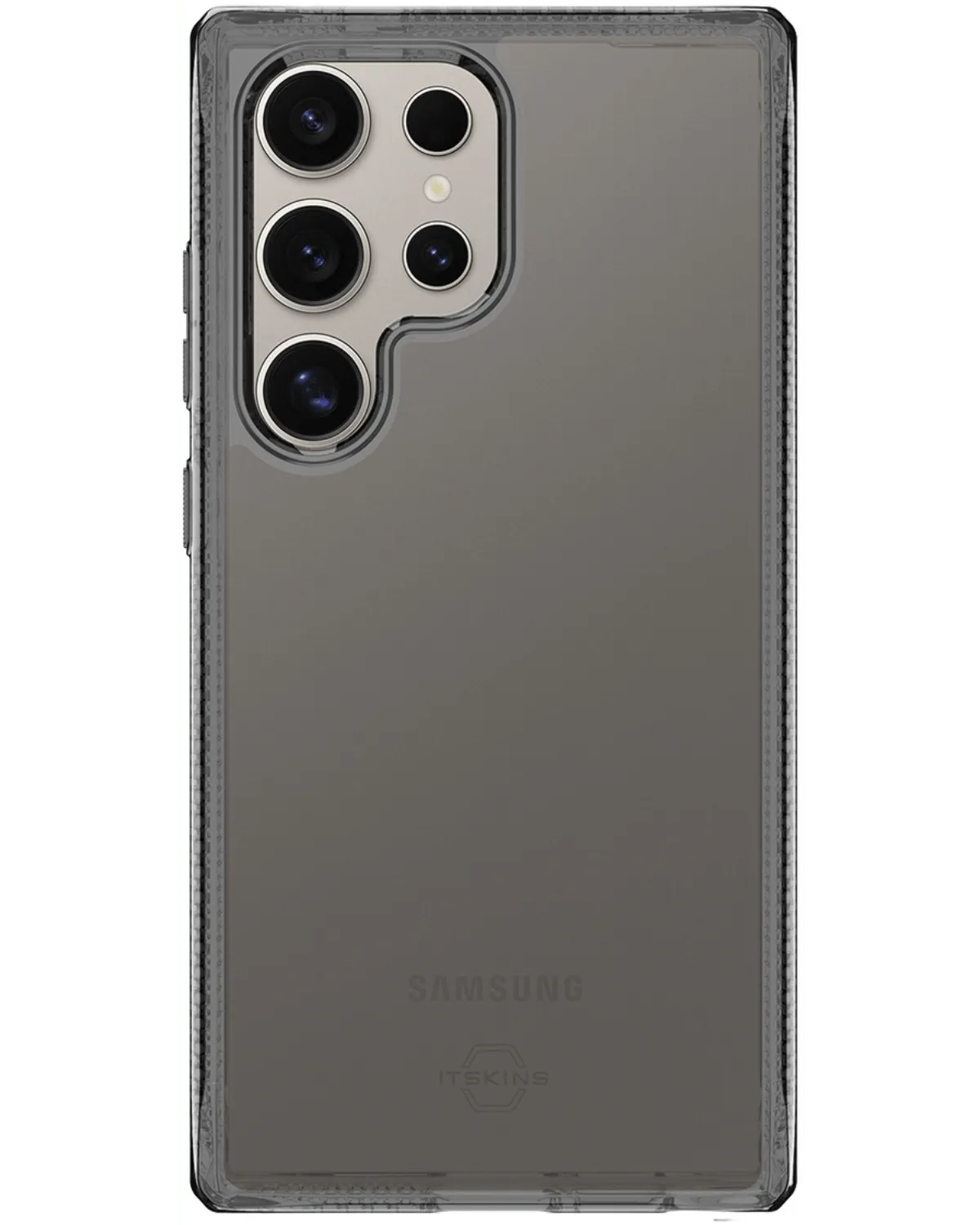 Samsung Galaxy S24 Ultra met smoke-transparant ITSKINS Spectrum Clear R hoesje, verstevigde randen voor schokabsorptie.