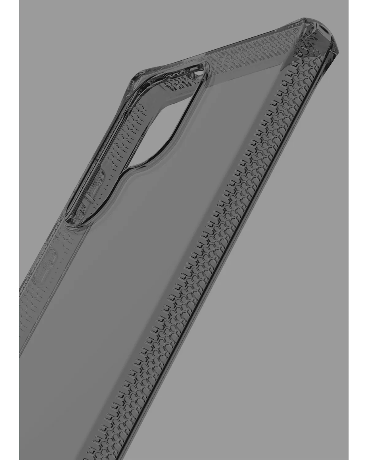 Close-up van het ITSKINS Spectrum Clear R hoesje in smoke-transparant met verstevigde hoeken.