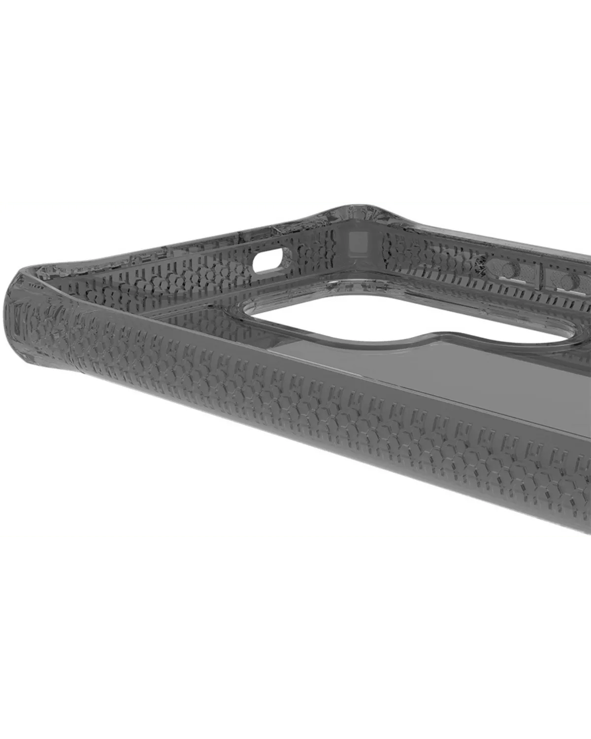 Detailweergave van ITSKINS Spectrum Clear R case met schokabsorberende technologie.