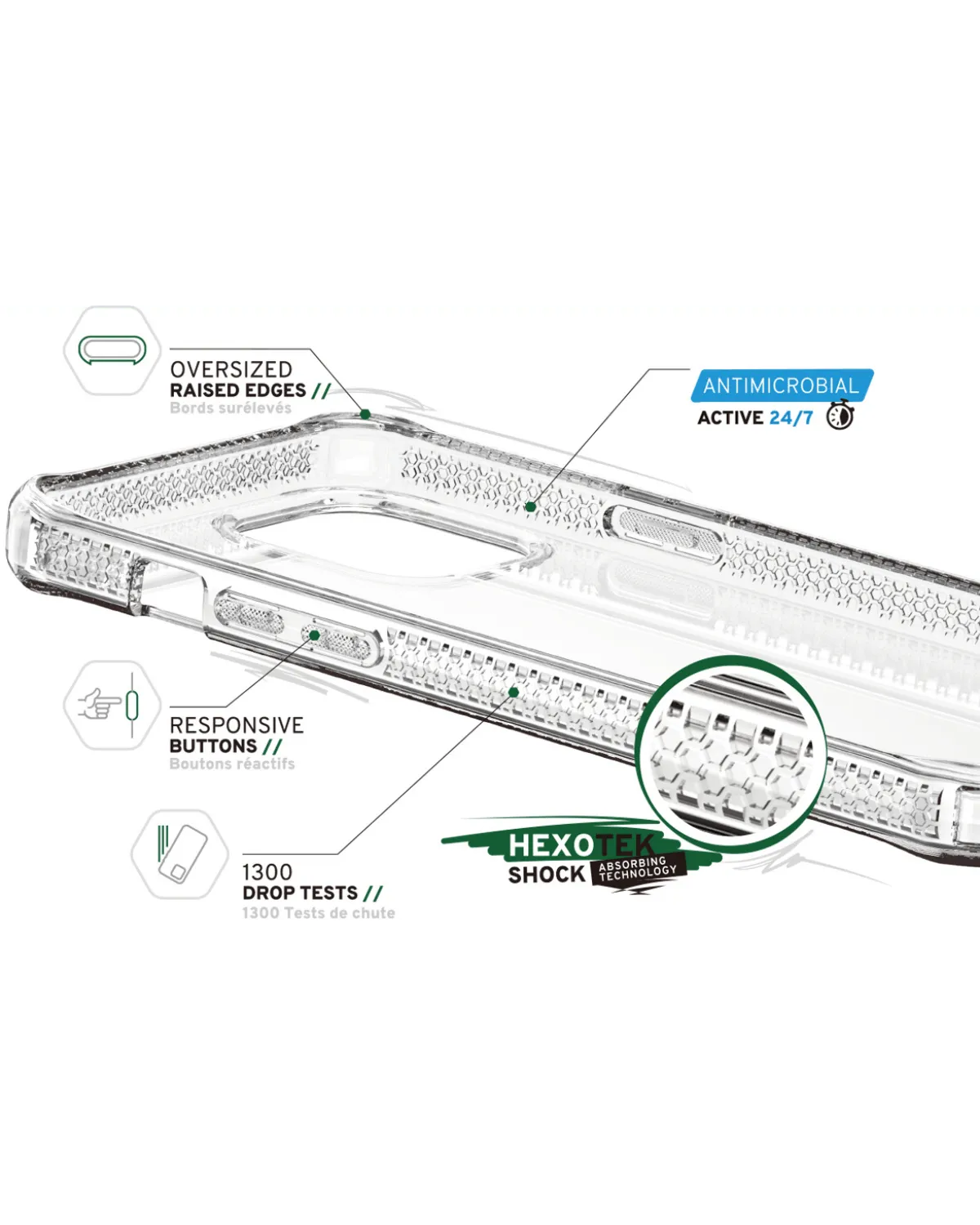 ITSKINS Spectrum Clear R hoesje met antimicrobiële bescherming en oversized randen voor extra valbescherming.