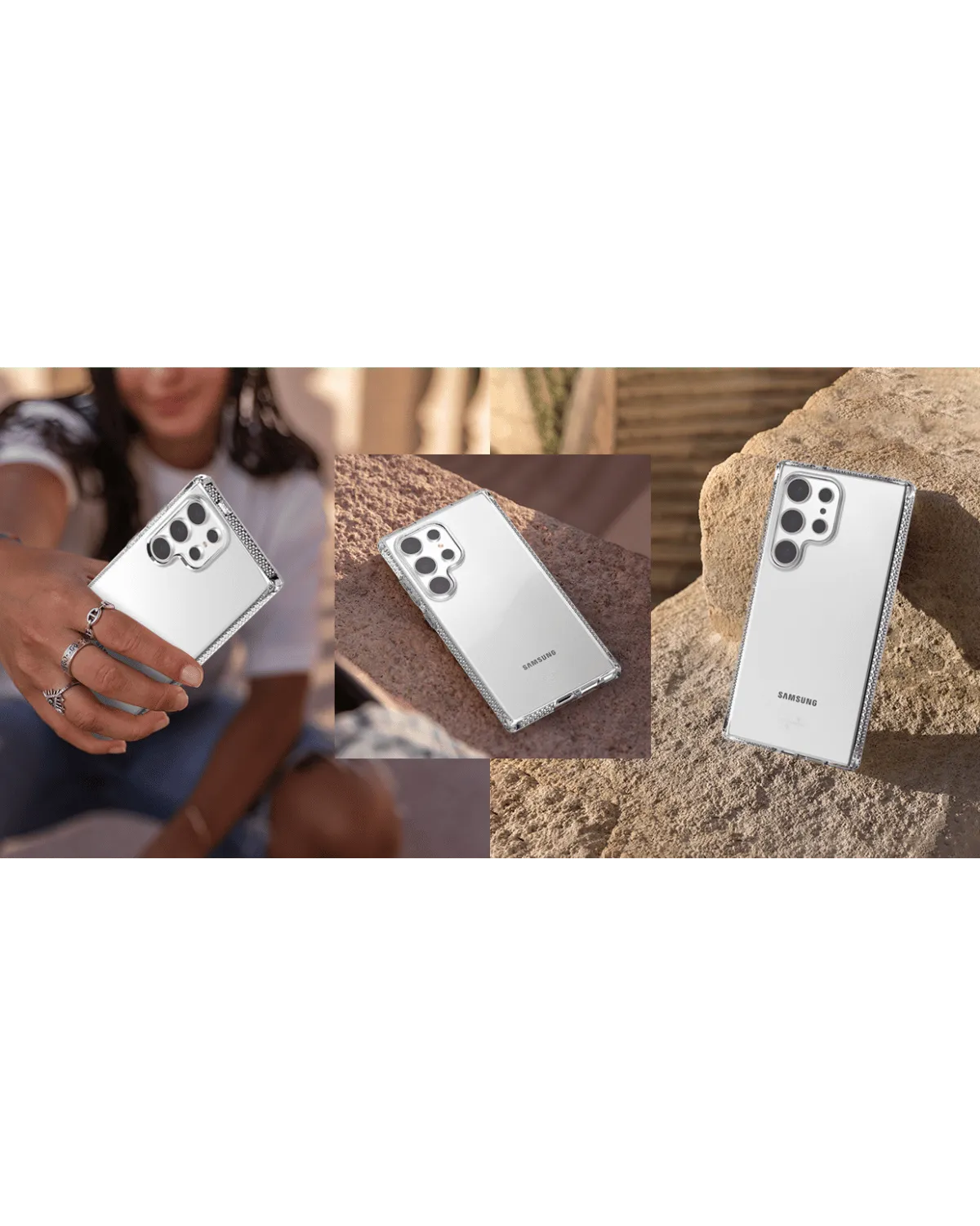 Lifestyle-afbeelding van Samsung Galaxy S24 Ultra met smoke-transparant ITSKINS Spectrum Clear R hoesje.