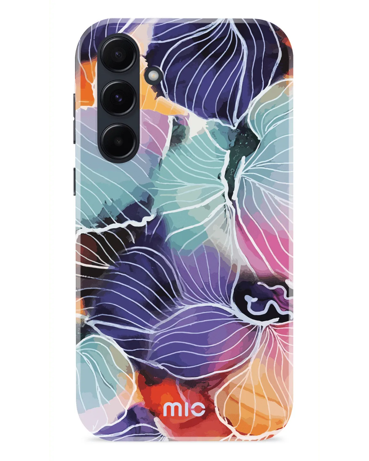 Mio By Mobilize hoesje voor Samsung A55 5G met kleurrijk bloemenmotief en witte lijnaccenten.