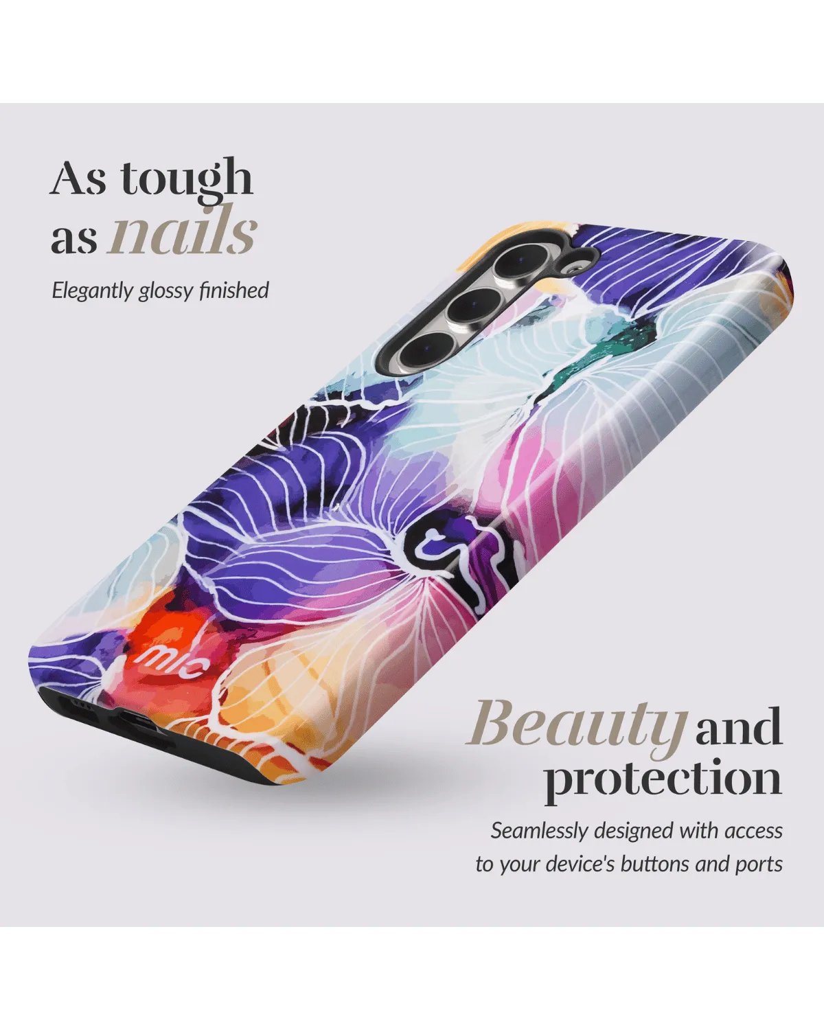 Zijaanzicht van glanzend bloemenhoesje van Mio met artistiek design voor Samsung A55 5G.