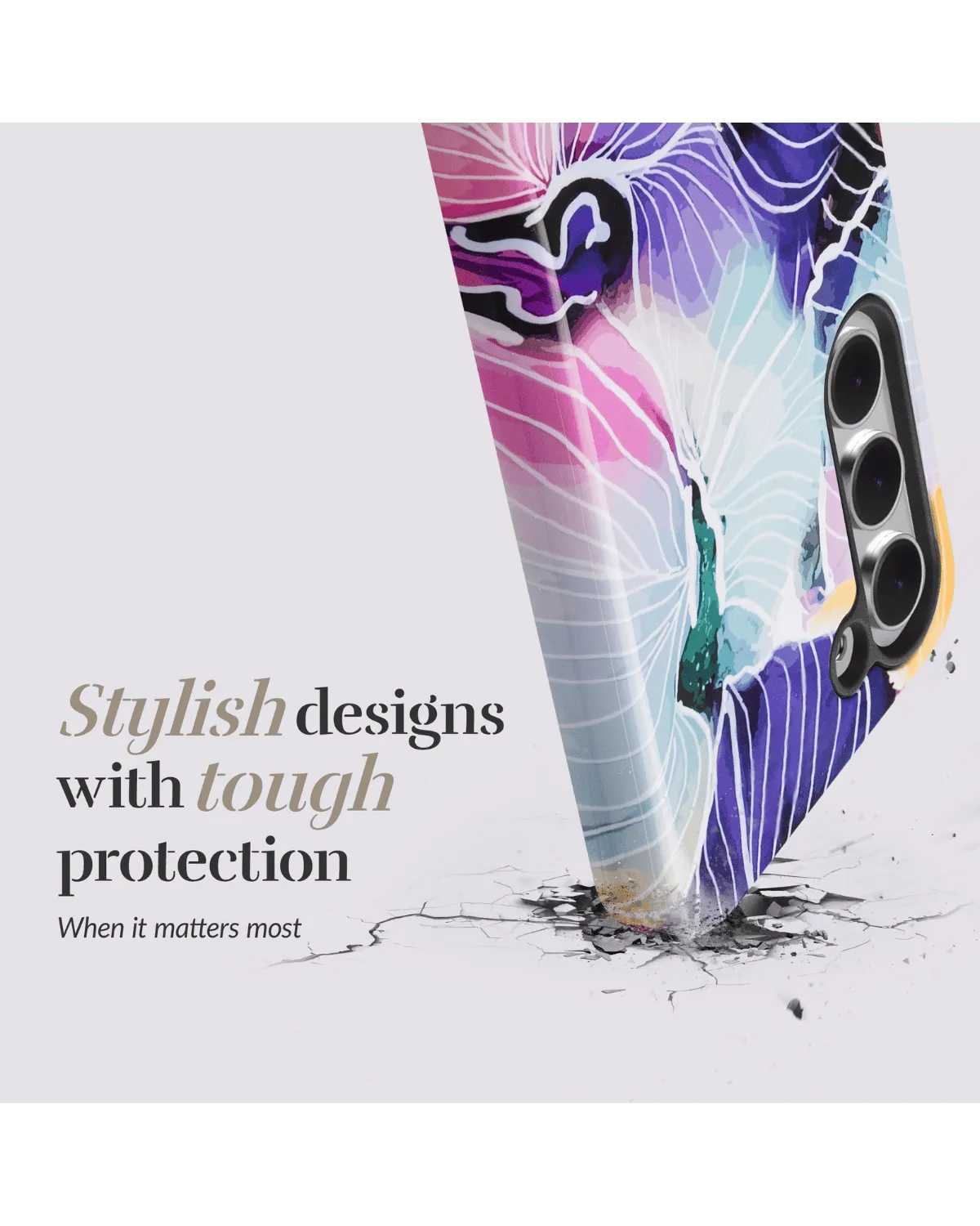 Schuine hoek van Mio Flowers hoesje toont valbescherming voor Samsung A55 5G.