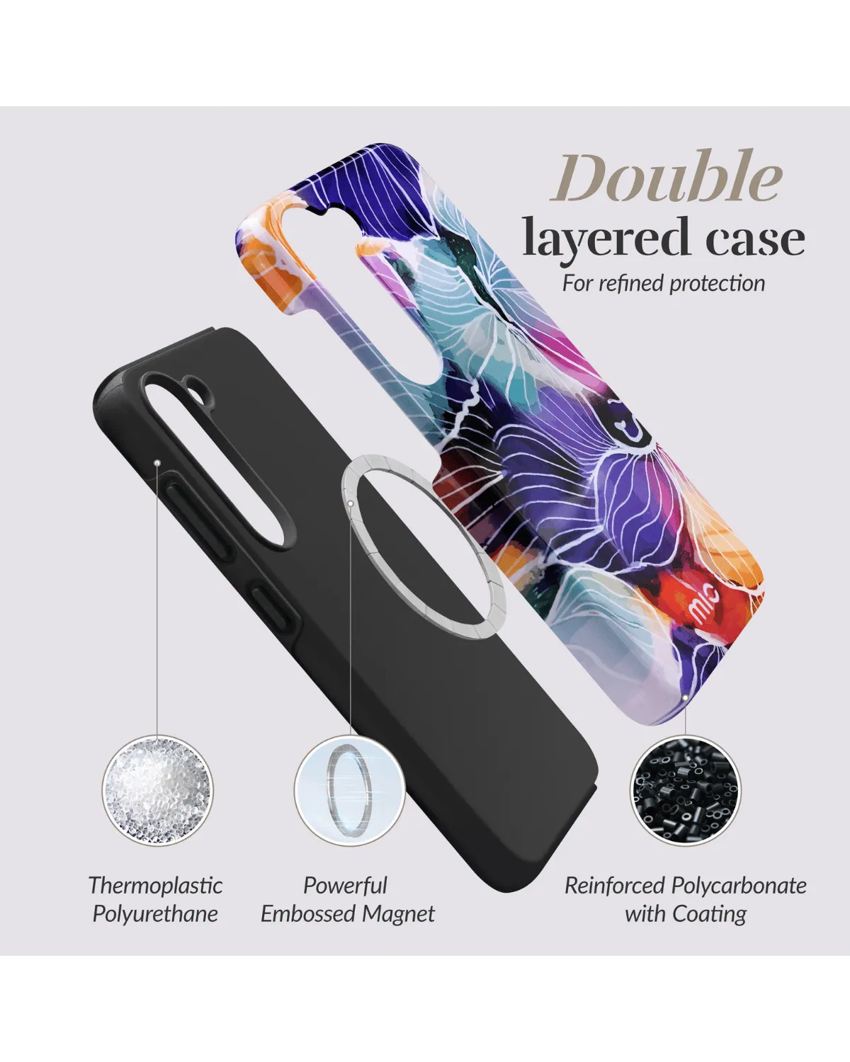 Explosie van lagen in het Mio Flowers hoesje met magnetische ring en stevige kern voor Samsung A55 5G.