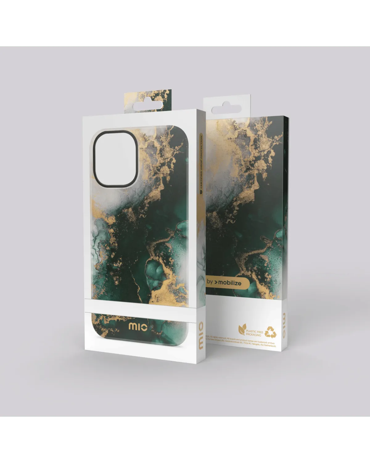 Productverpakking van groen marmer telefoonhoesje voor Samsung Galaxy A55 5G, plasticvrij verpakt.