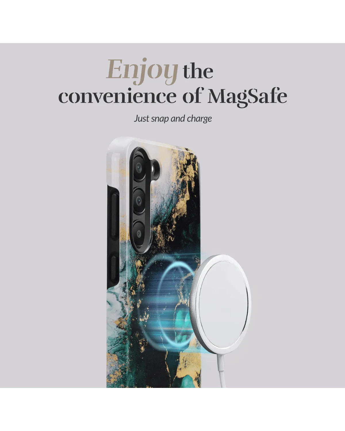 Samsung Galaxy A55 5G hoesje met MagSafe ondersteuning en stijlvol marmerdesign in groen en goud.