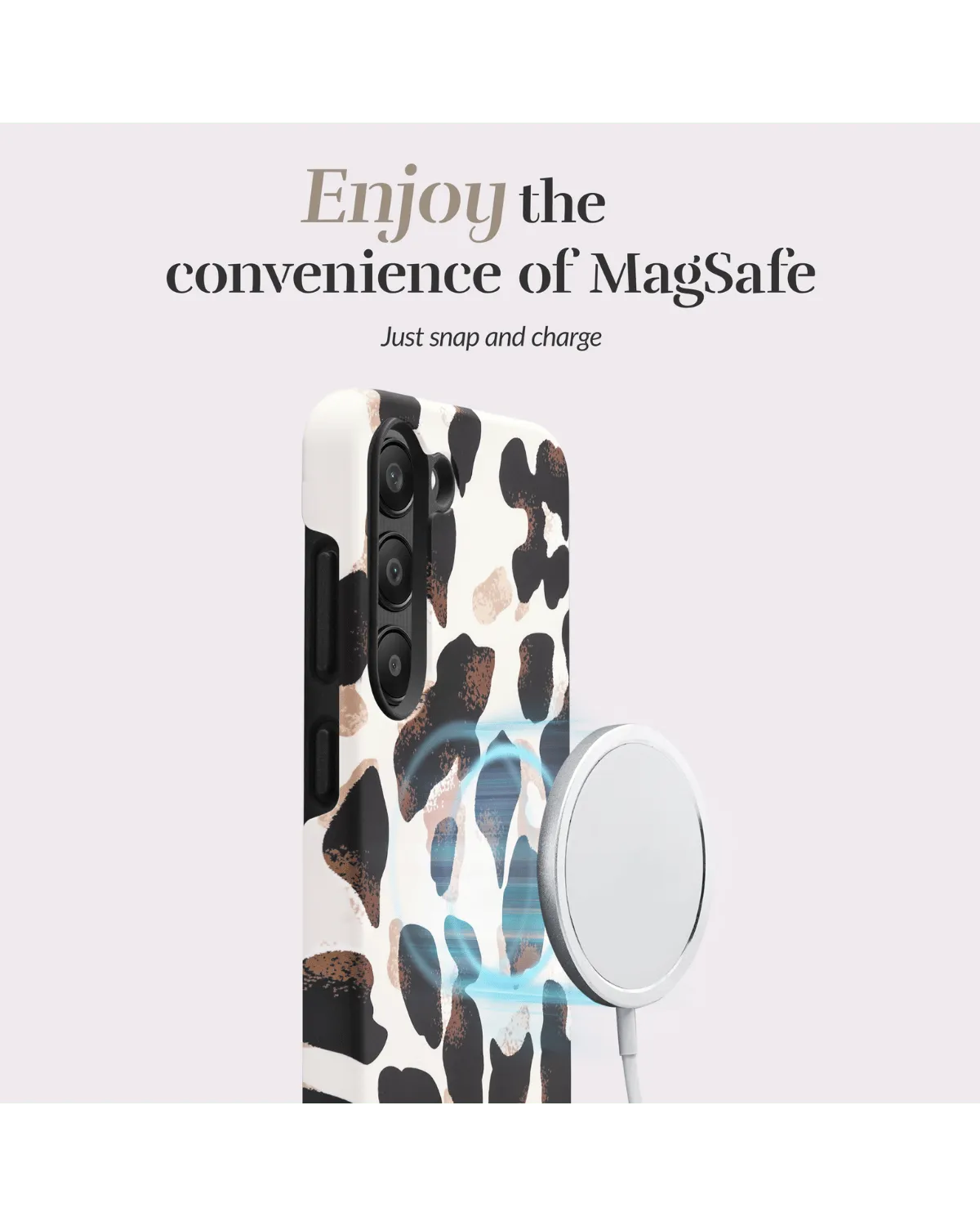 Samsung Galaxy A55 in Mio Leopard case met zichtbare MagSafe-oplaadfunctie.