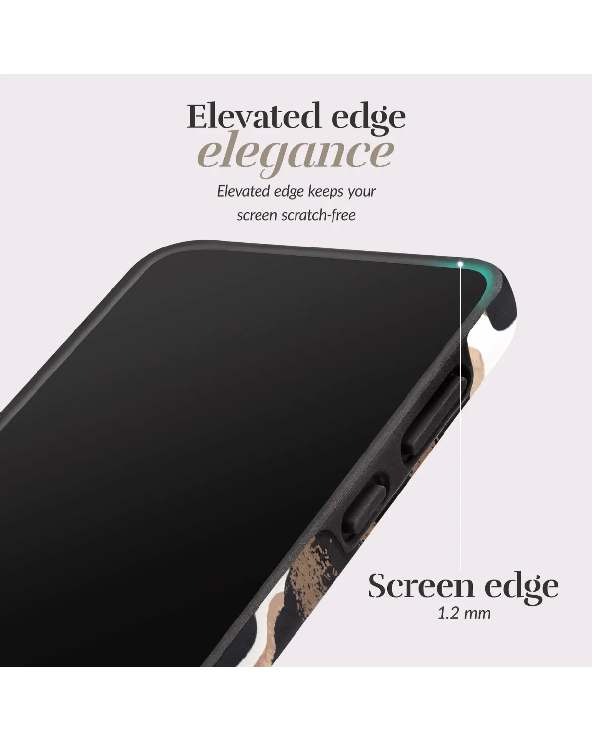 Close-up van het Mio Leopard hoesje met verhoogde rand van 1,2 mm voor schermbescherming.