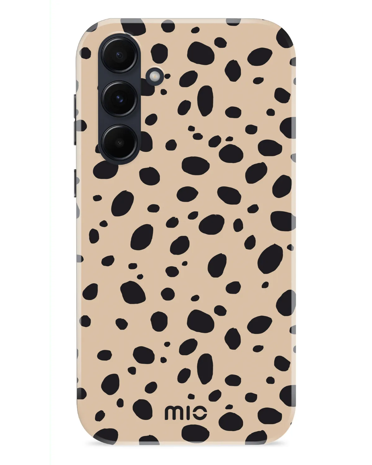 Beige Mio By Mobilize telefoonhoesje met zwart vlekkenpatroon voor Samsung A55 5G, met glanzende afwerking.