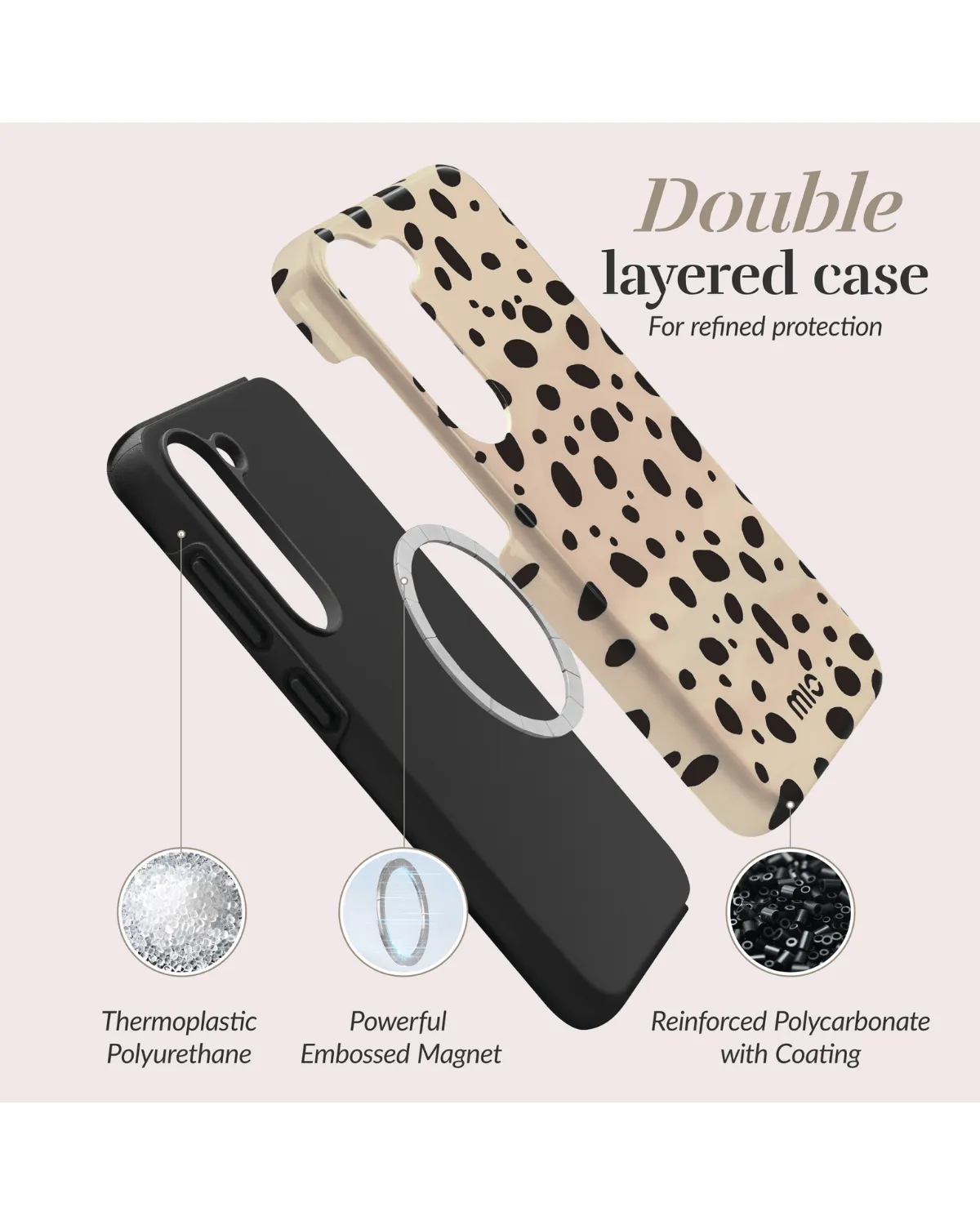 Opbouw van dubbel gelaagde Mio hoes met magnetische ring en stevige coating voor Samsung A55 5G.