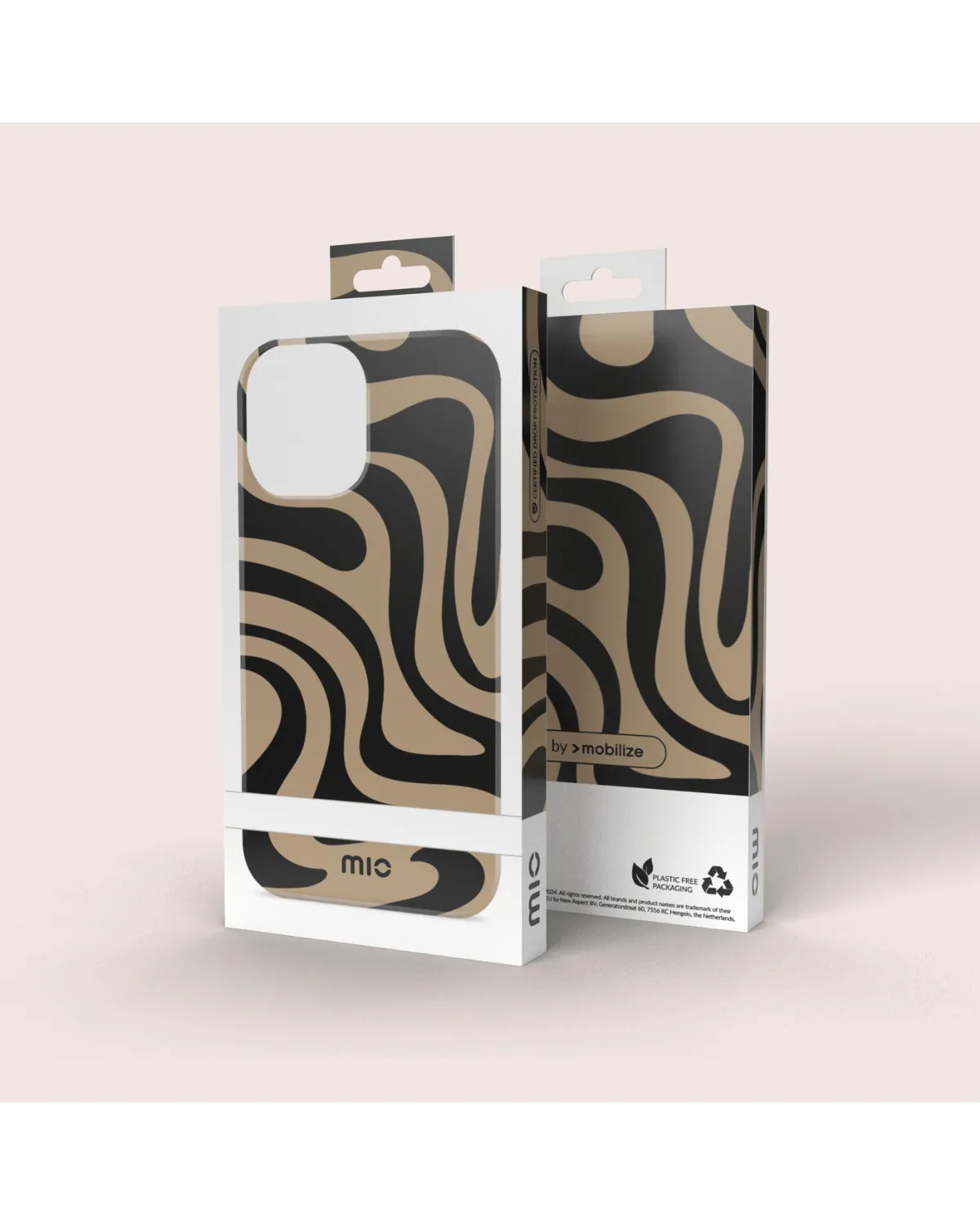 Verpakking van Mio by Mobilize swirl case voor Samsung Galaxy A55, met zichtbaar patroon en uitsparing voor camera.