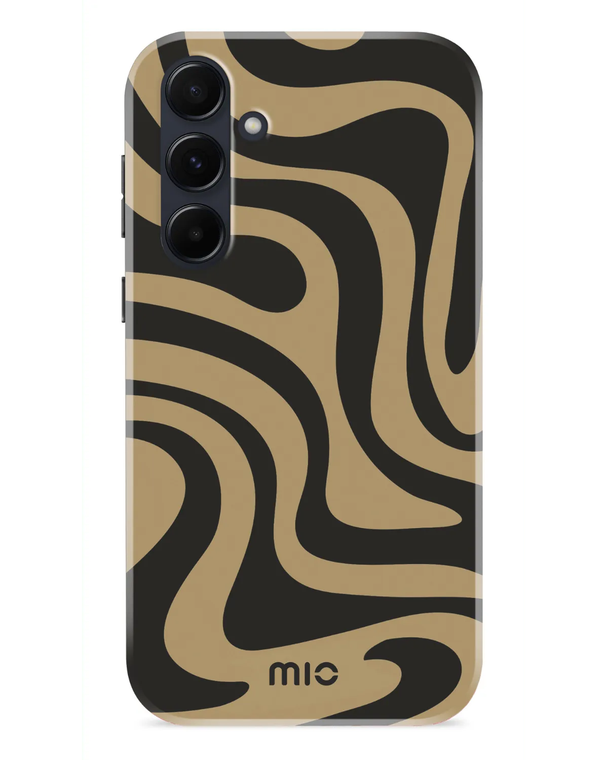 Telefoonhoesje van Mio By Mobilize met zwartbruine vlekkenprint voor Samsung Galaxy A55, met uitgesneden cameragaten.