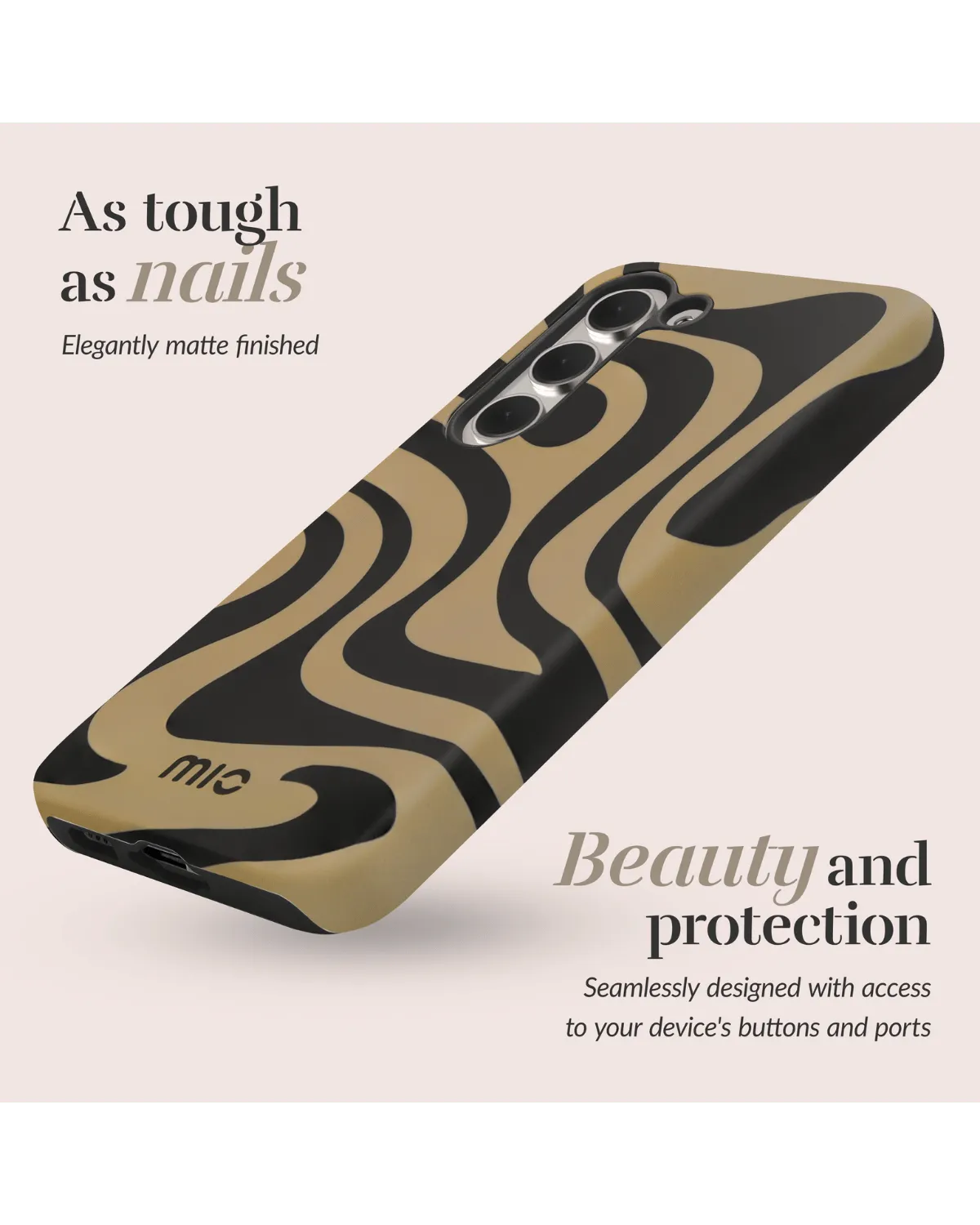 Glanzende Mio hoes met vlekkenprint voor Samsung Galaxy A55, met uitsparingen voor knoppen en poorten.