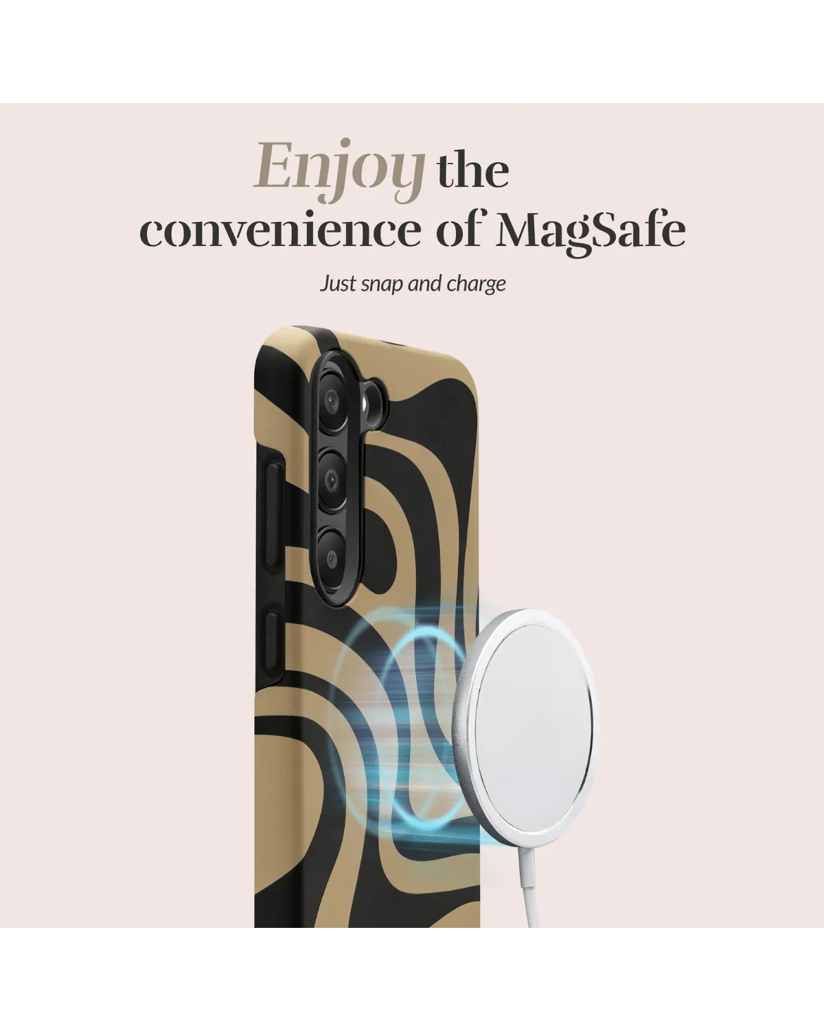 Mio telefoonhoesje met MagSafe-functie voor Samsung Galaxy A55, met herkenbare zwartbruine print.