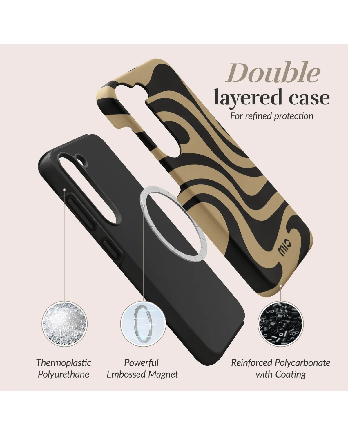 Dubbellaagse Mio by Mobilize case met swirl-design, MagSafe-ring en stevige binnenlaag zichtbaar in exploded view.