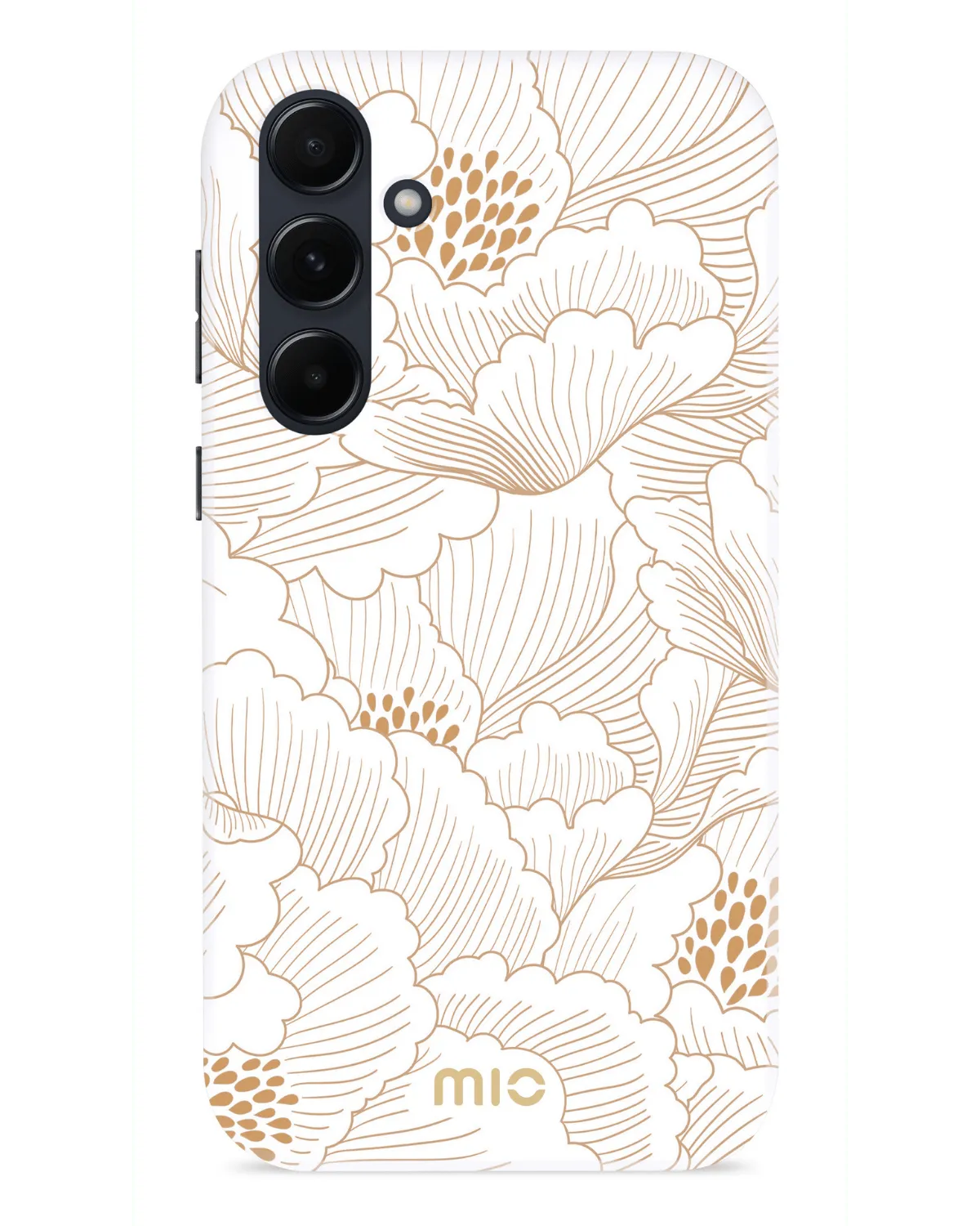 Witte Mio by Mobilize hoesje met goudkleurig bloemenpatroon voor Samsung Galaxy A55 5G, elegant en slank ontwerp.
