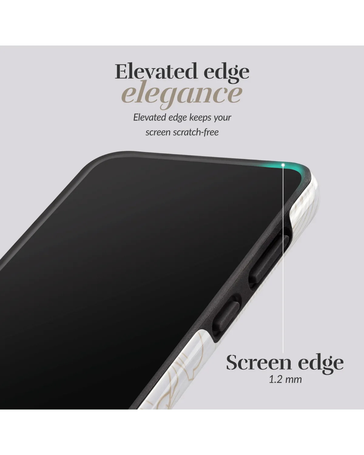 Close-up van verhoogde rand op wit Mio hoesje met bloemenprint, beschermt scherm van Galaxy A55 5G.