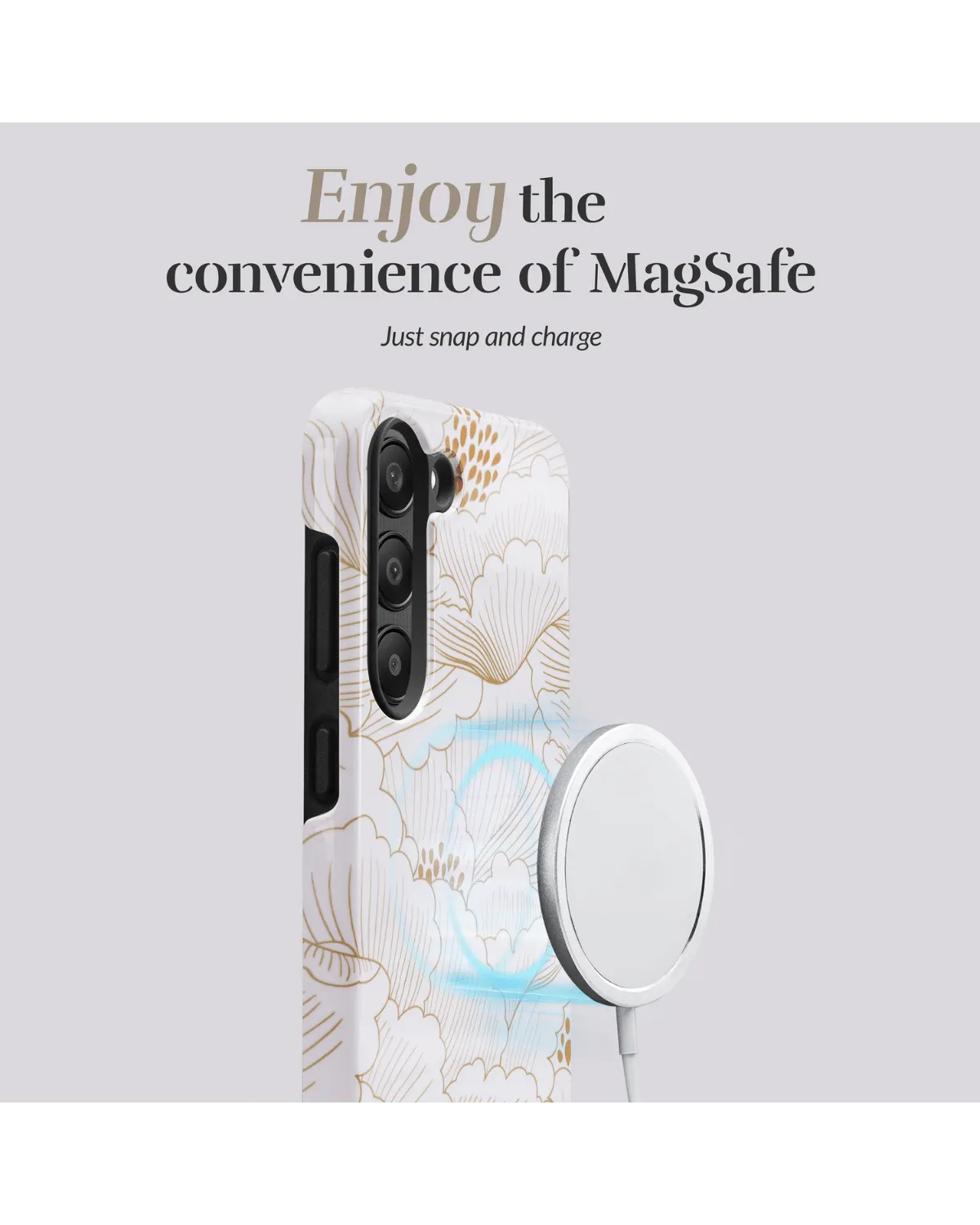 Mio By Mobilize White Roses telefoonhoes voor Samsung S25 5G met MagSafe-compatibiliteit, getoond met magnetische oplader.