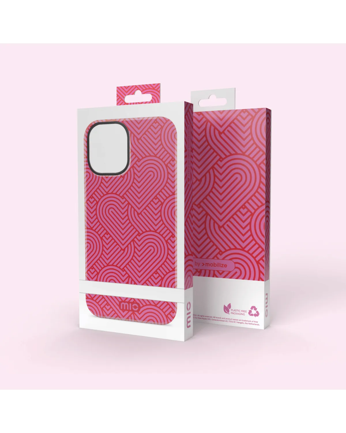 Verpakking van Mio Wild Hearts hoesje met opvallend roze hartjespatroon zichtbaar op de doos.