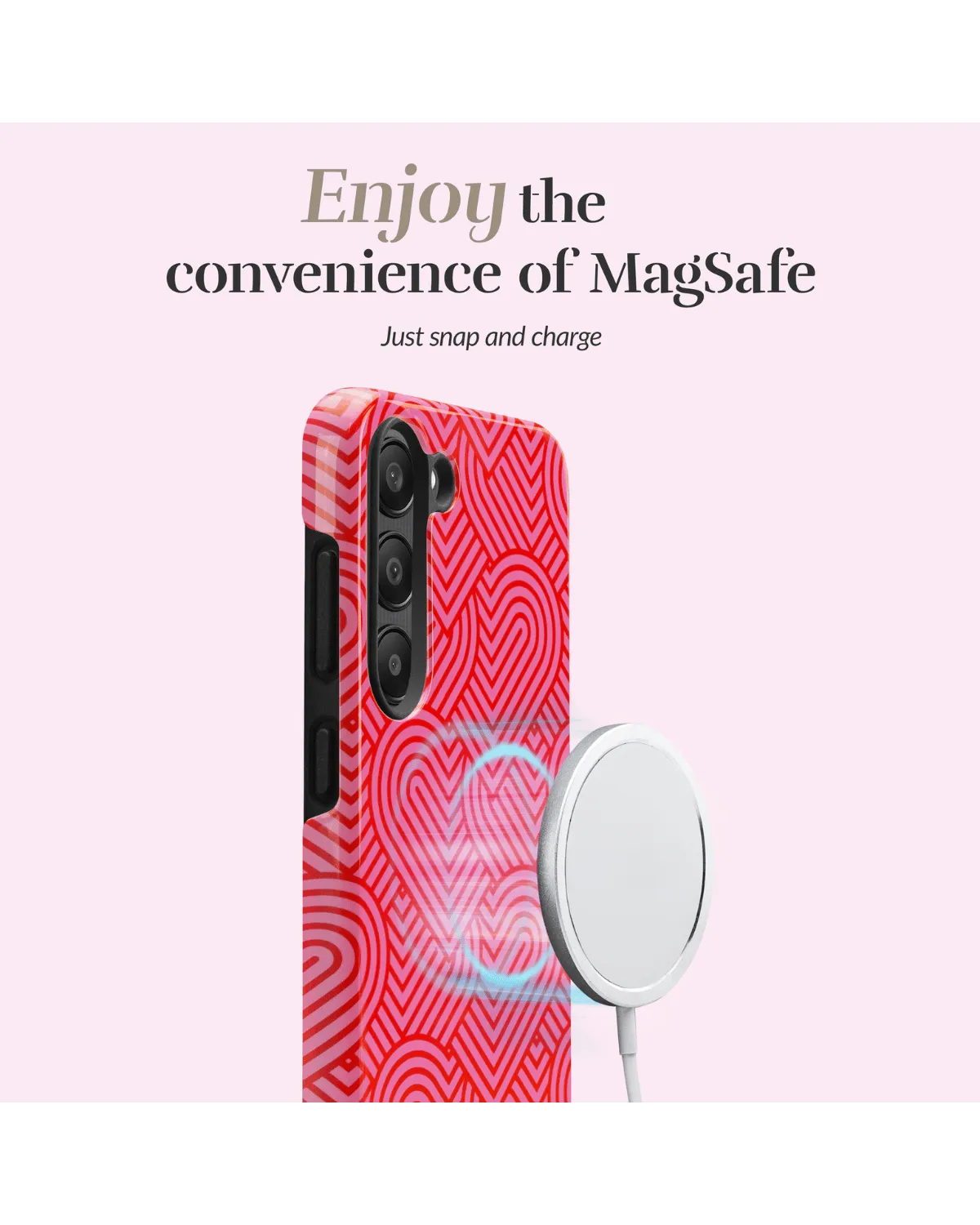 Roze Mio hoesje met hartjesprint voor Samsung A55 5G met MagSafe oplaadondersteuning.