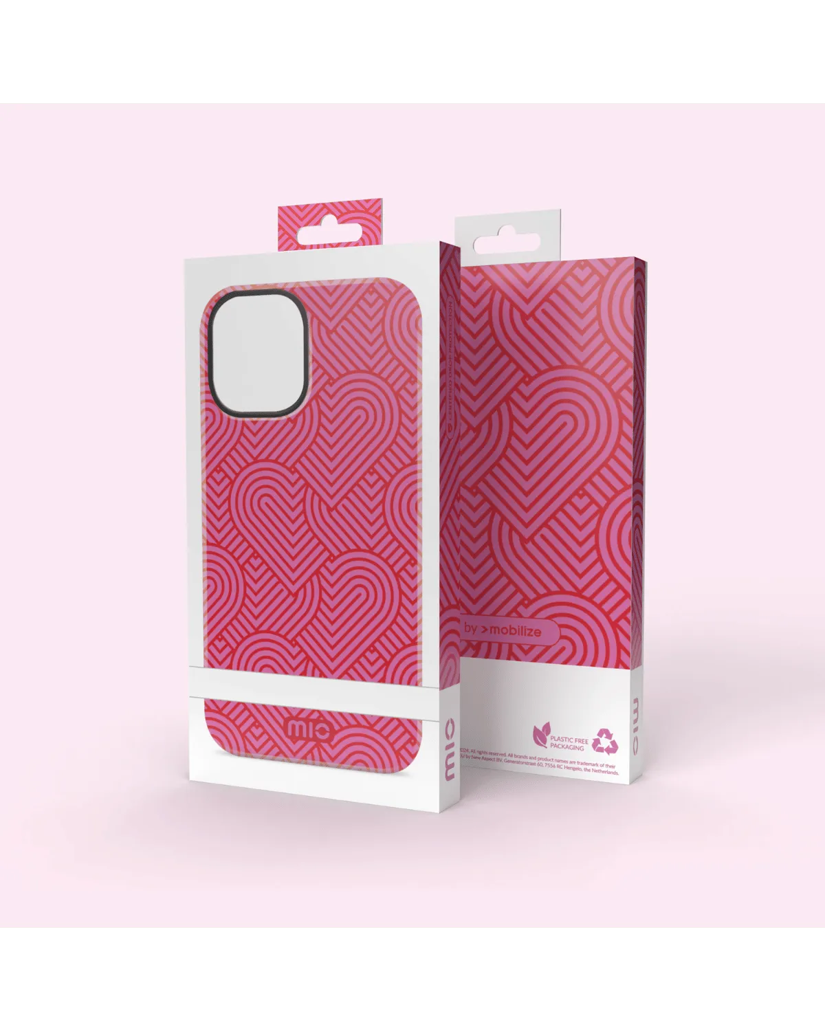 Mio By Mobilize Wild Hearts telefoonhoes voor Samsung S25 5G in roze, gepresenteerd in stijlvolle verpakkingsdoos.