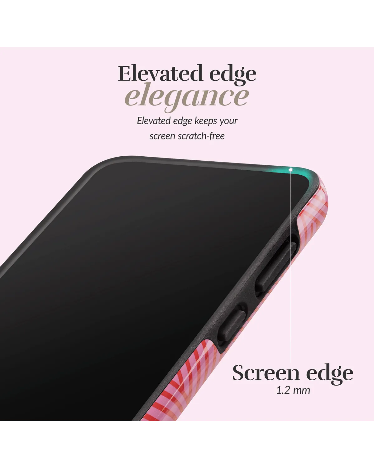 Close-up van de Mio Wild Hearts telefoonhoes voor Samsung Galaxy S25 5G, met verhoogde schermrand tegen krassen.