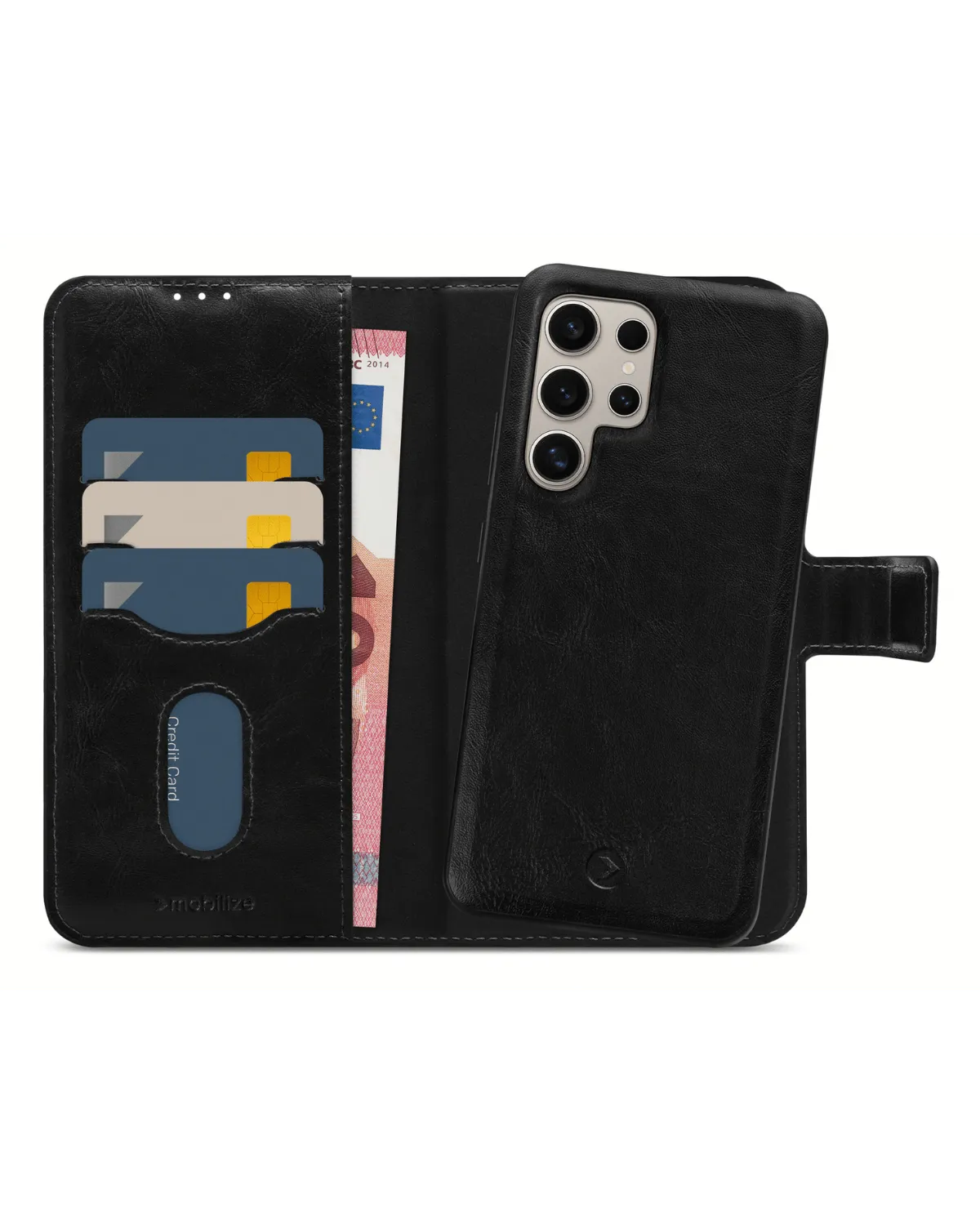 Mobilize 2-in-1 magnetische wallet case voor Samsung Galaxy S24 Ultra 5G, zwart met kaarthouders en vakje voor briefgeld.