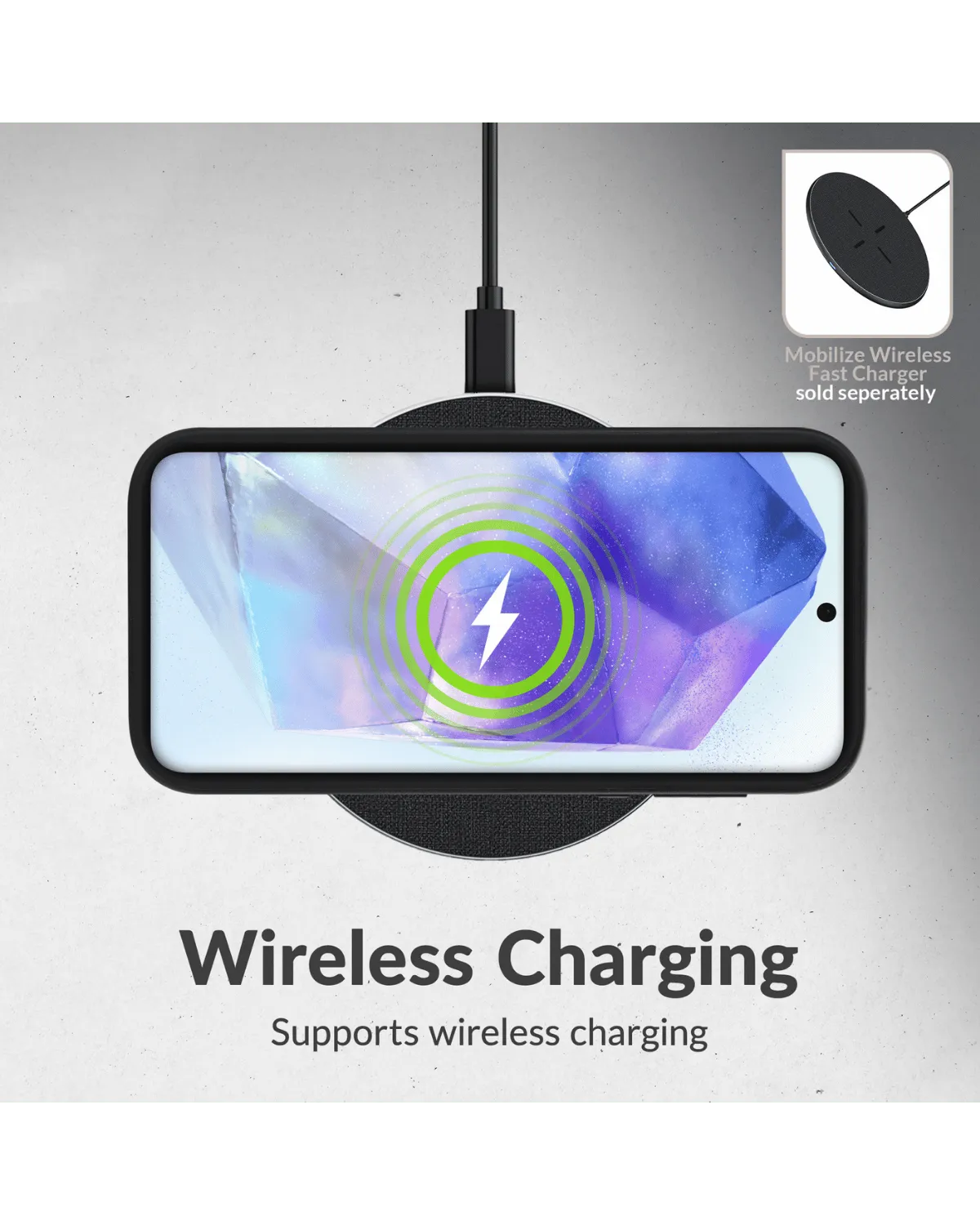 Mobilize telefoonhoesje ondersteunt draadloos opladen en is compatibel met MagSafe laders.