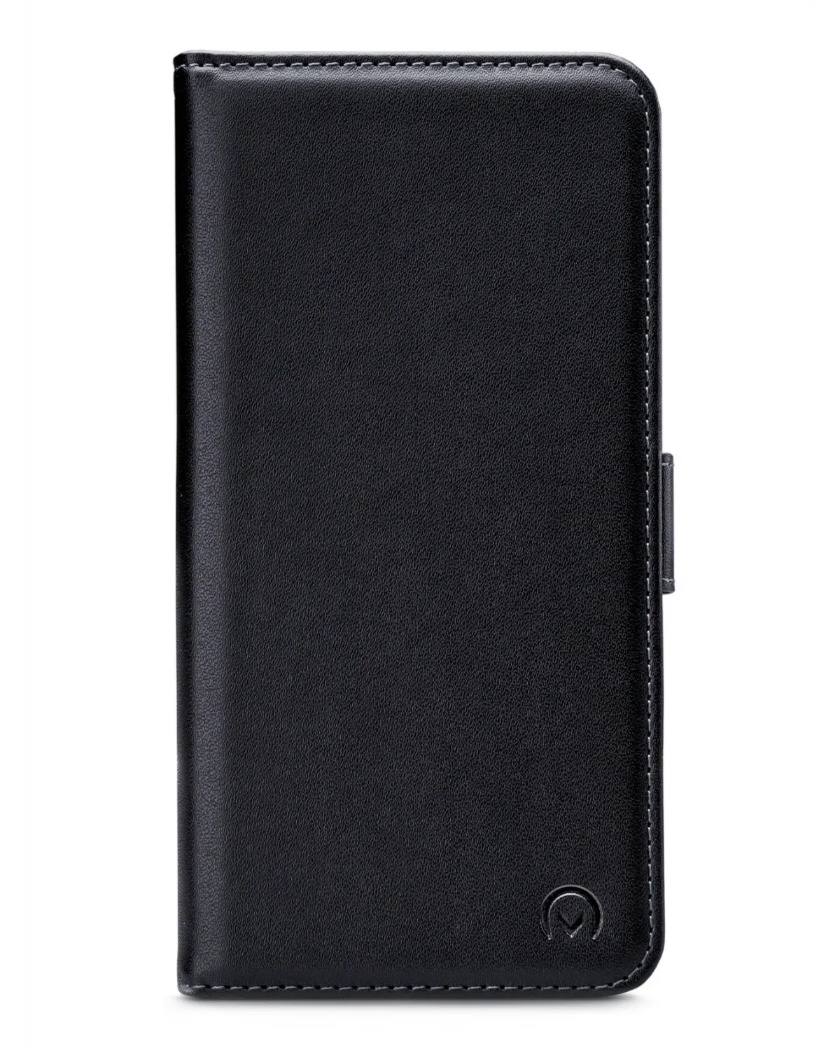Gesloten zwarte leren Mobilize bookcase voor Samsung Galaxy A55 met subtiel logo en volledige bescherming.