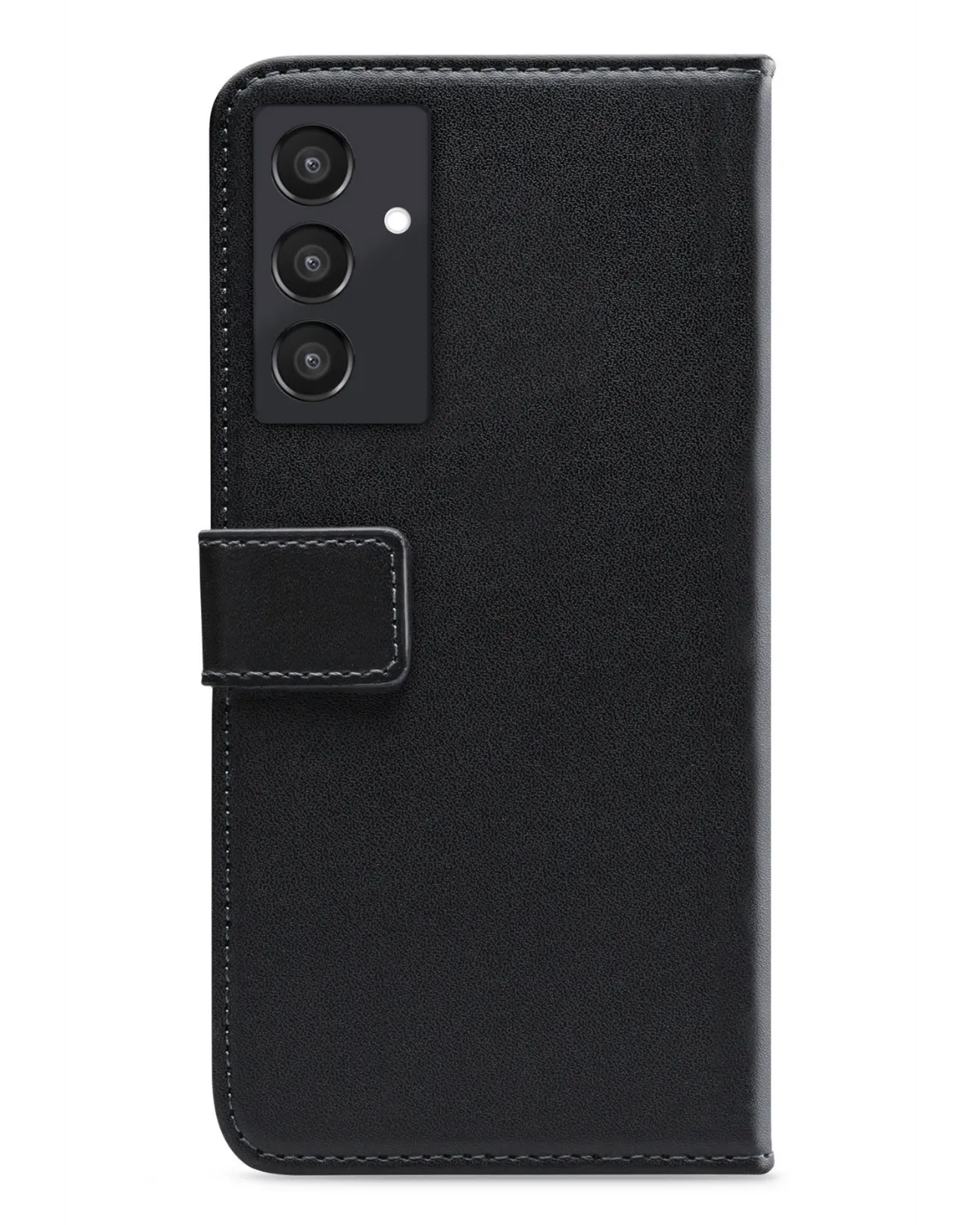 Zwart leren telefoonhoesje voor Samsung Galaxy A55 met gesloten flap en zichtbare camerauitsparingen.
