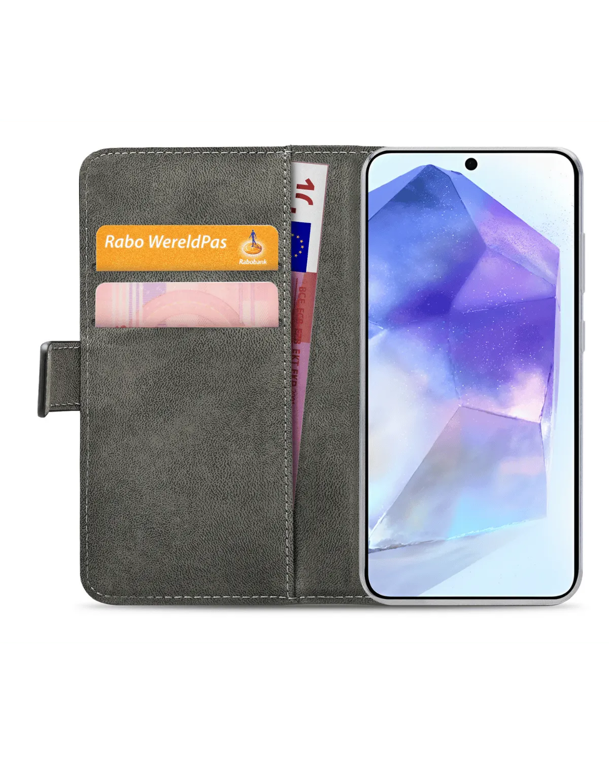 Opengeklapte zwarte lederen Mobilize Classic Gelly Wallet case voor Galaxy A55 met ruimte voor pasjes en briefgeld.