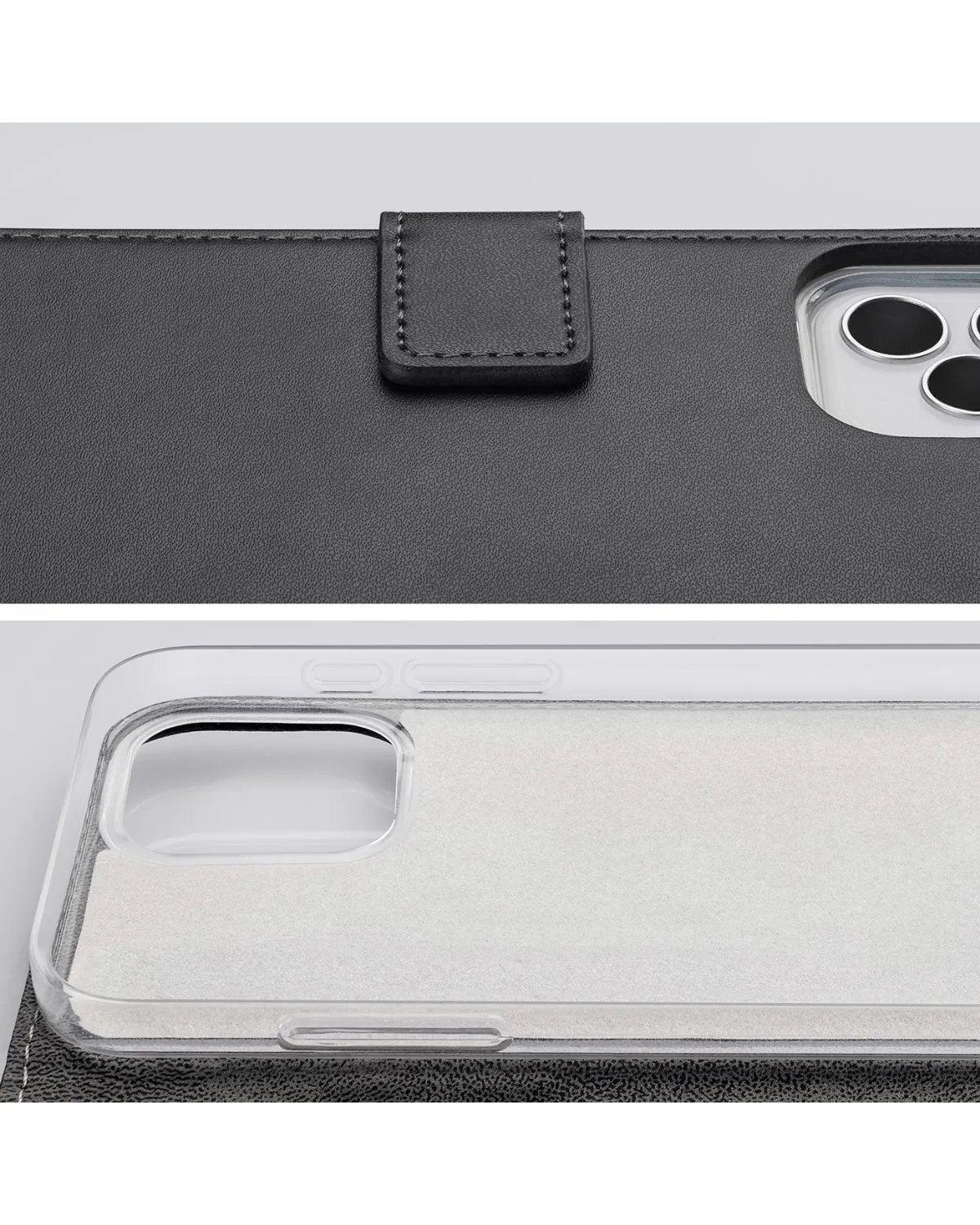 Sluitmechanisme en beschermende binnenkant van de zwarte Mobilize wallet case.