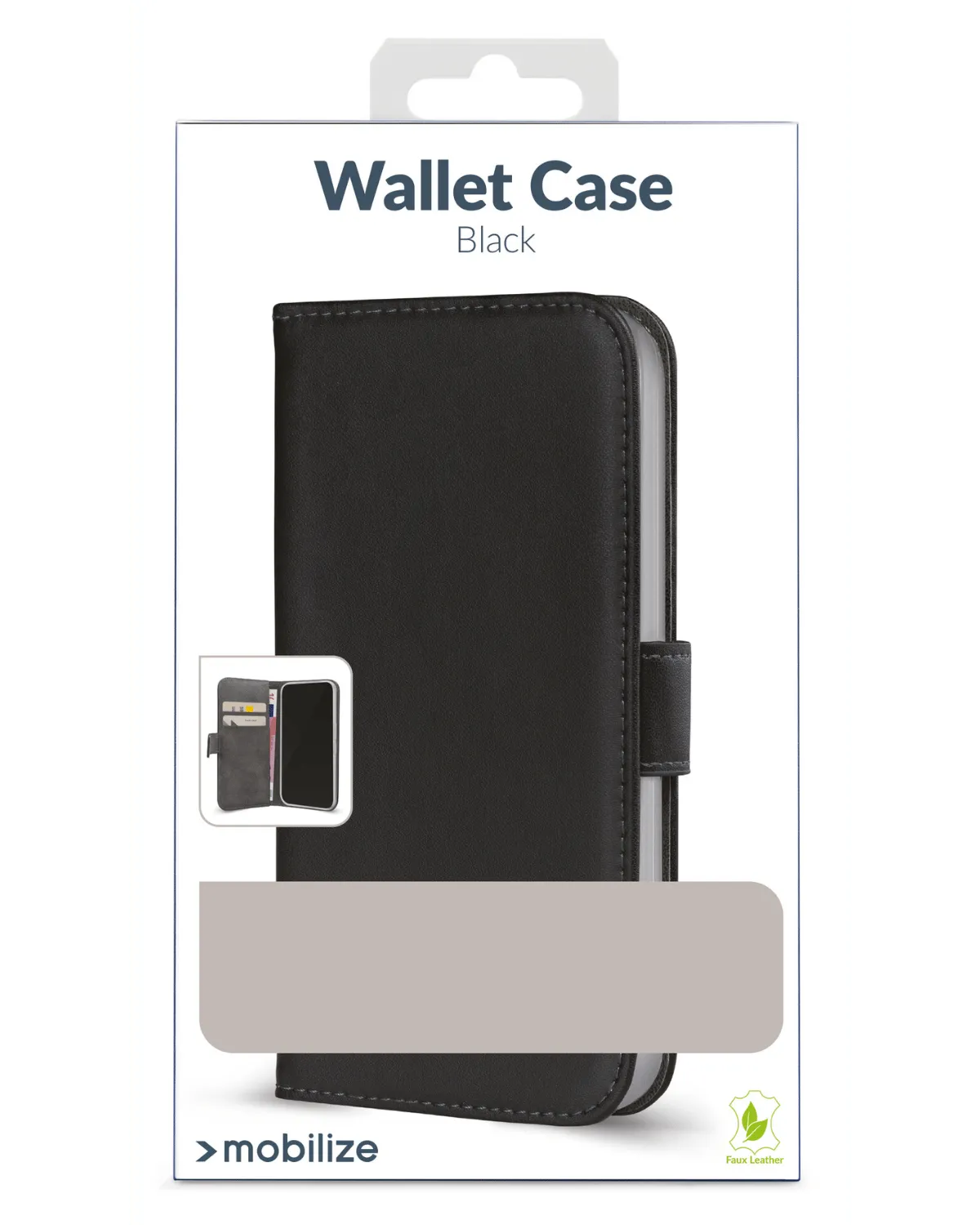 Verpakking van de zwarte Mobilize wallet case voor Samsung Galaxy S24 FE 5G, met eco-leder label.