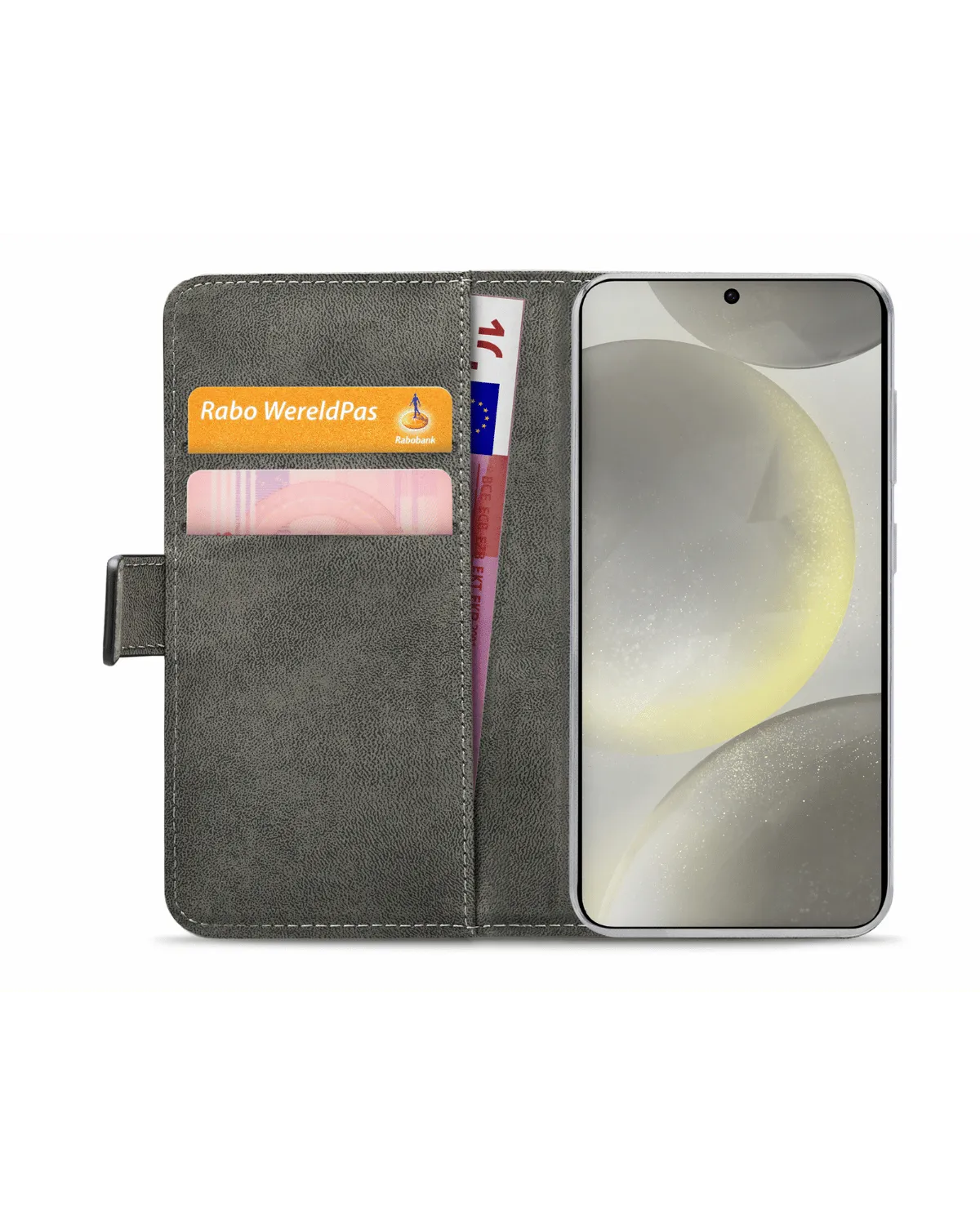 Binnenzijde van de Mobilize Classic Gelly Wallet Book Case, met ruimte voor pasjes en briefgeld, geplaatst in een Samsung Galaxy S24 Plus 5G.