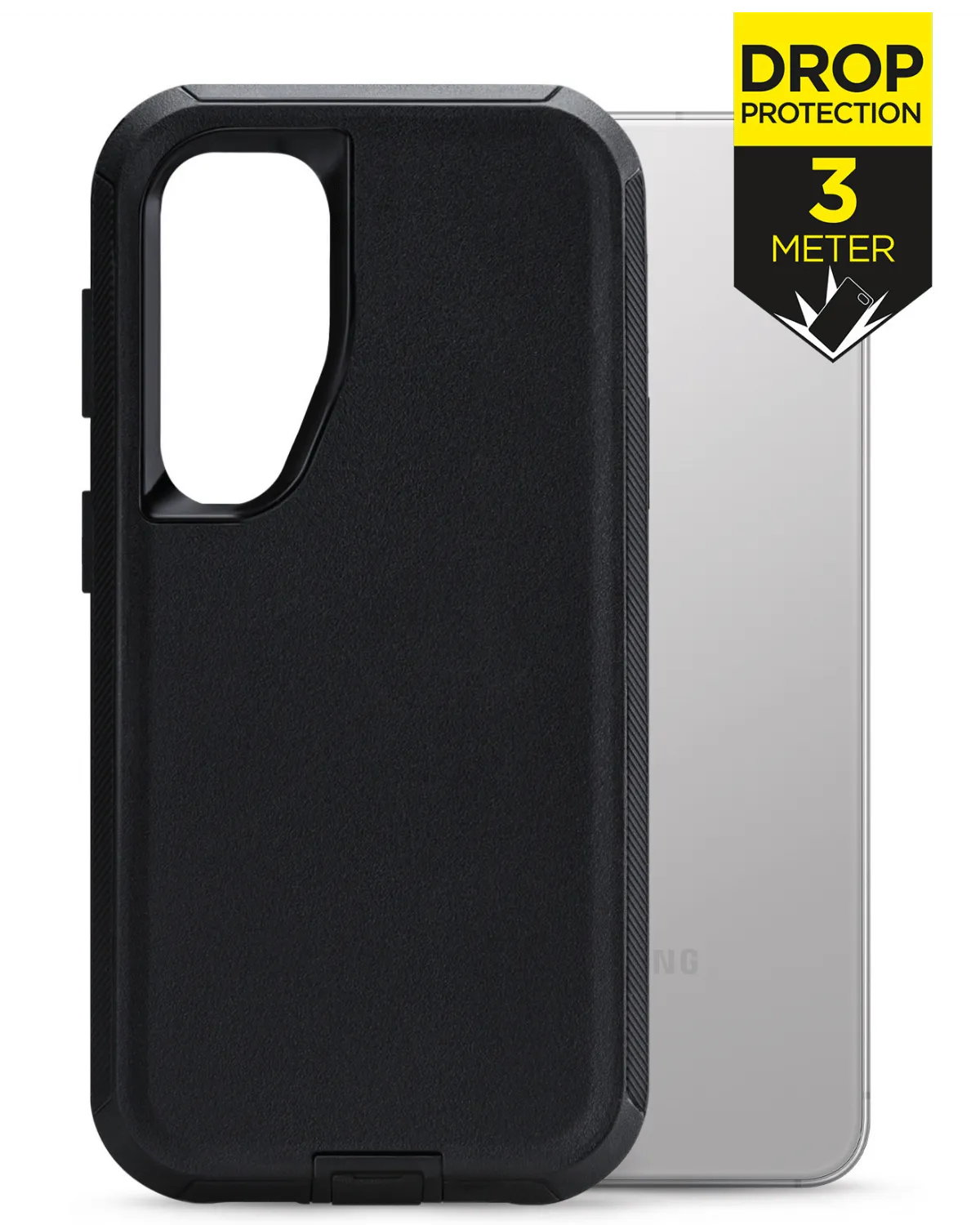 Zwarte Mobilize Defender Case voor Samsung Galaxy S24 FE 5G, biedt valbescherming tot 3 meter.