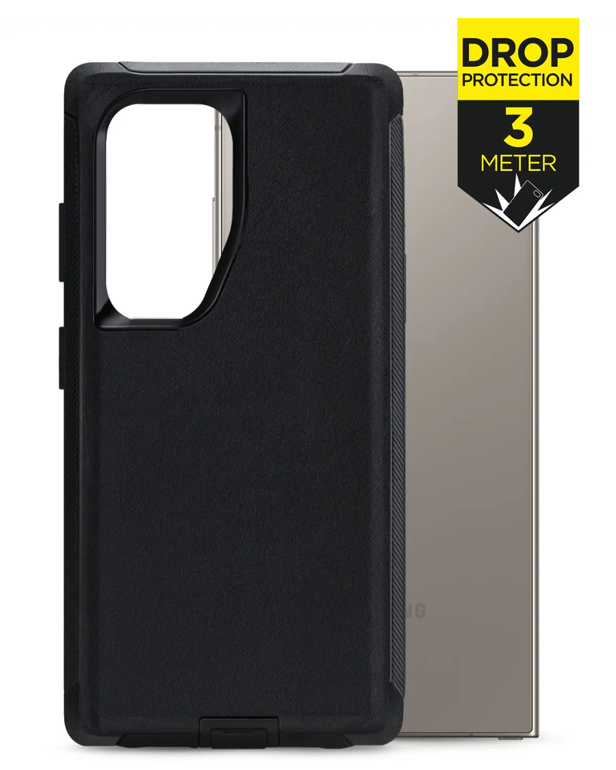 Zwart Mobilize Defender Case hoesje voor Samsung Galaxy S24 Ultra 5G met 3 meter valbescherming.