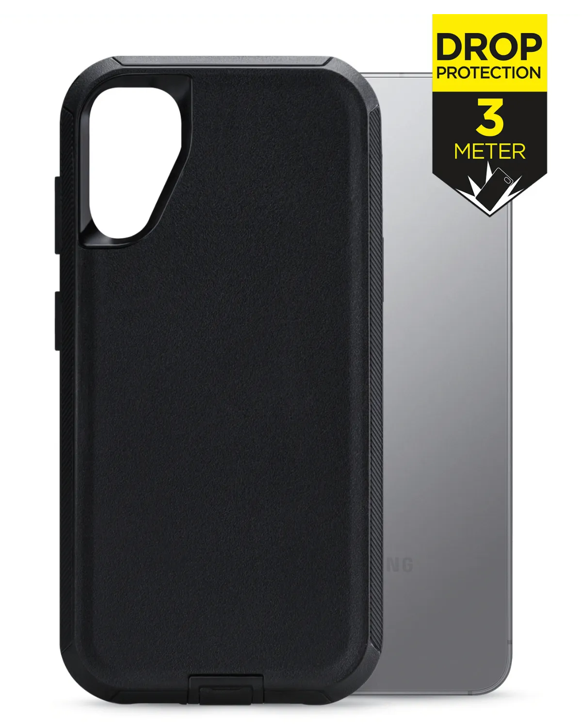 Zwarte Mobilize Defender Case voor Samsung Galaxy S25 5G met schokbestendige bescherming tot 3 meter valhoogte.