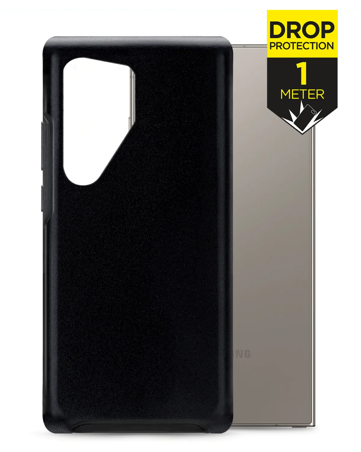 Matzwarte Mobilize Extreme Tough Case voor Samsung Galaxy S23 Ultra, met valbestendige bescherming tot 1 meter.