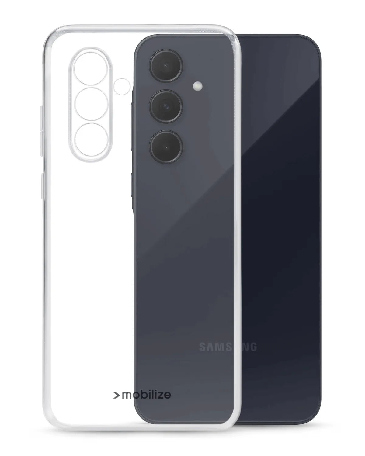 Transparante Mobilize Gelly case voor Samsung Galaxy A55 5G met uitsparing voor camera en subtiel logo onderaan.