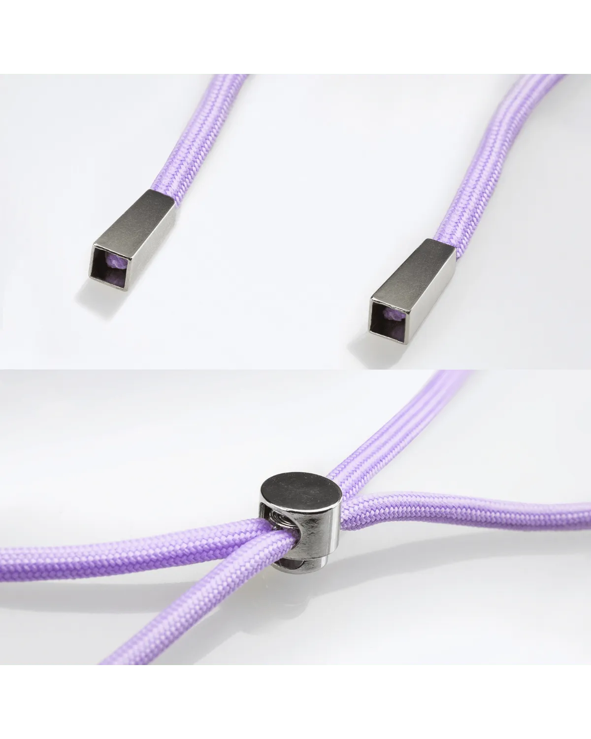 Lila draagkoord met metalen uiteinden, geschikt van Mobilize Lanyard Gelly Case, detail van zilverkleurige sluiting.