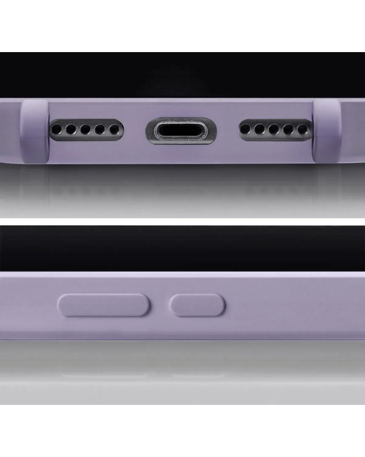 Close-up van de uitsparingen van de Mobilize Lanyard Gelly Case in pastel paars, geschikt voor Samsung Galaxy S24 Plus 5G.