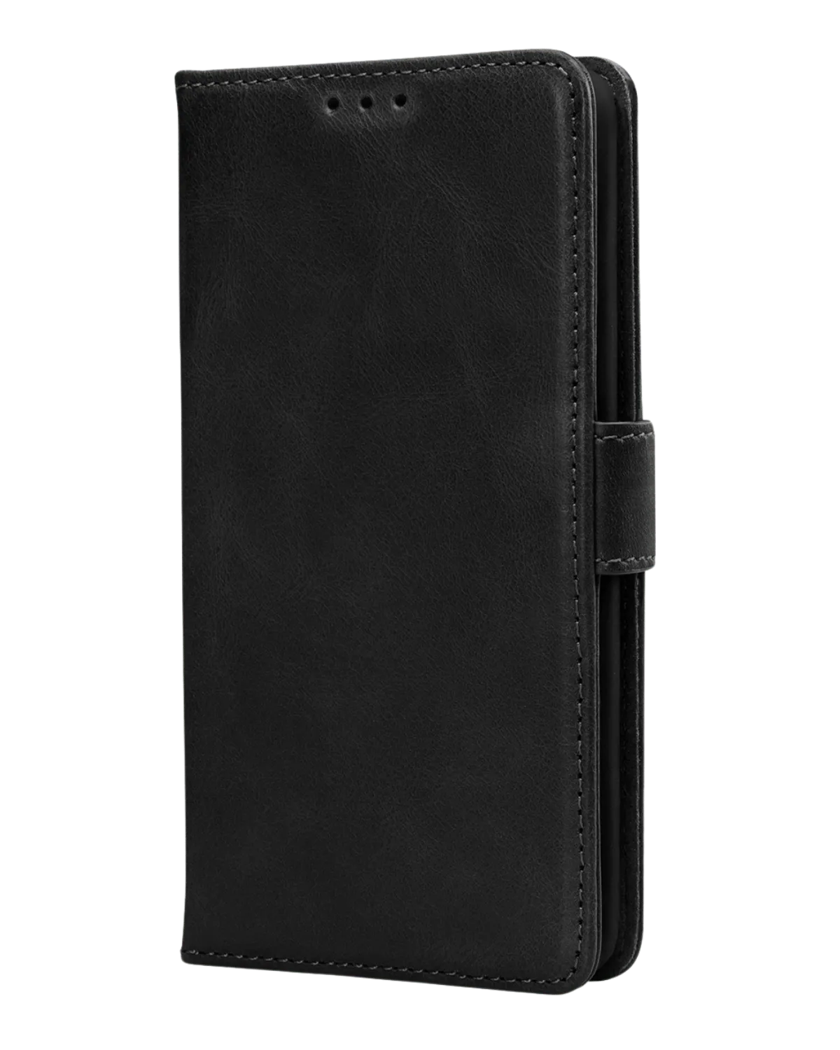 Zwarte Mobilize Leather Wallet Case voor Samsung Galaxy S24 5G, gesloten, met zichtbare magneetsluiting. Luxe leren hoesje voor optimale bescherming.