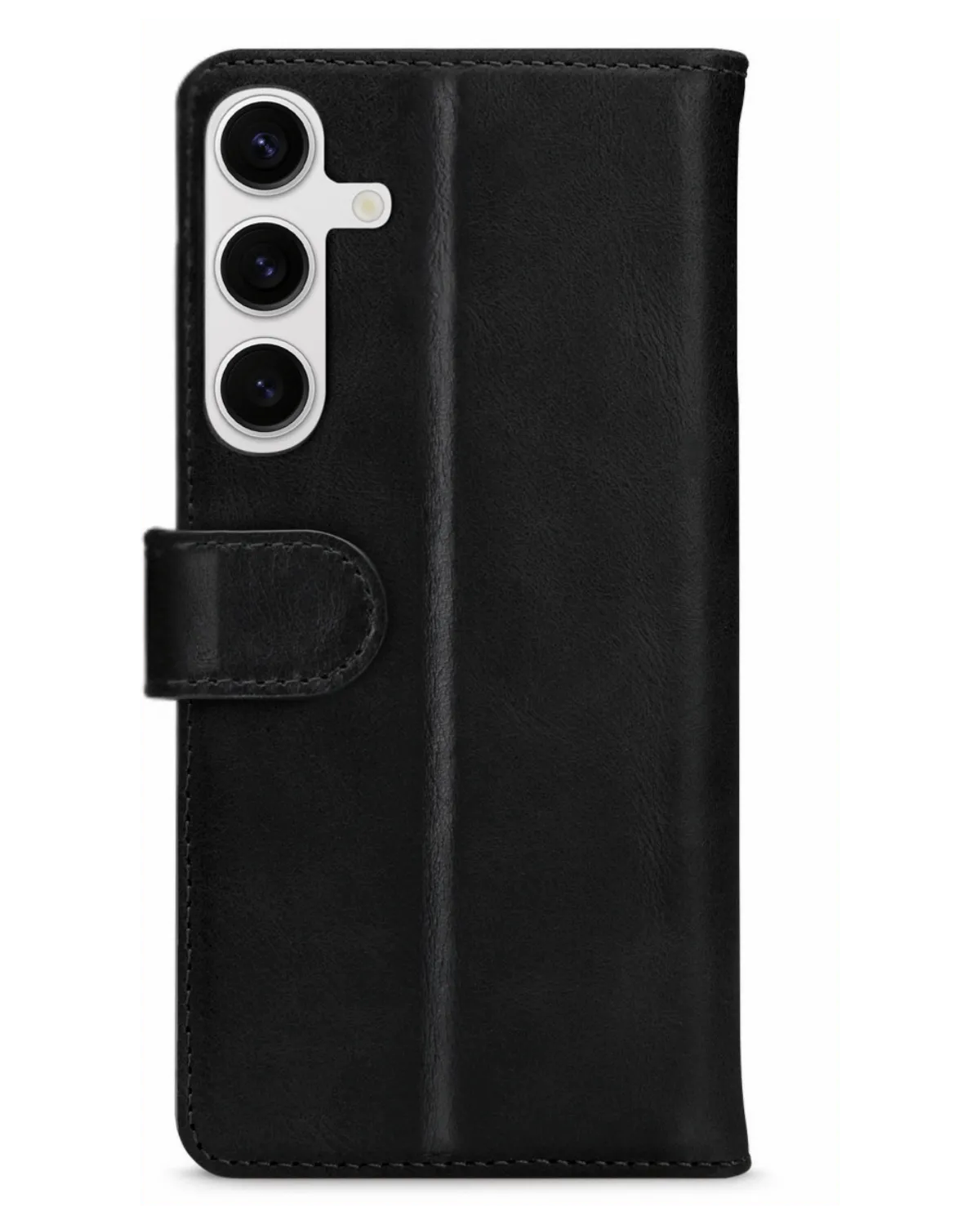 Achterkant van de Mobilize Leather Wallet Case voor Samsung Galaxy S24 5G. Slank design met uitsparingen voor camera en magneetsluiting.