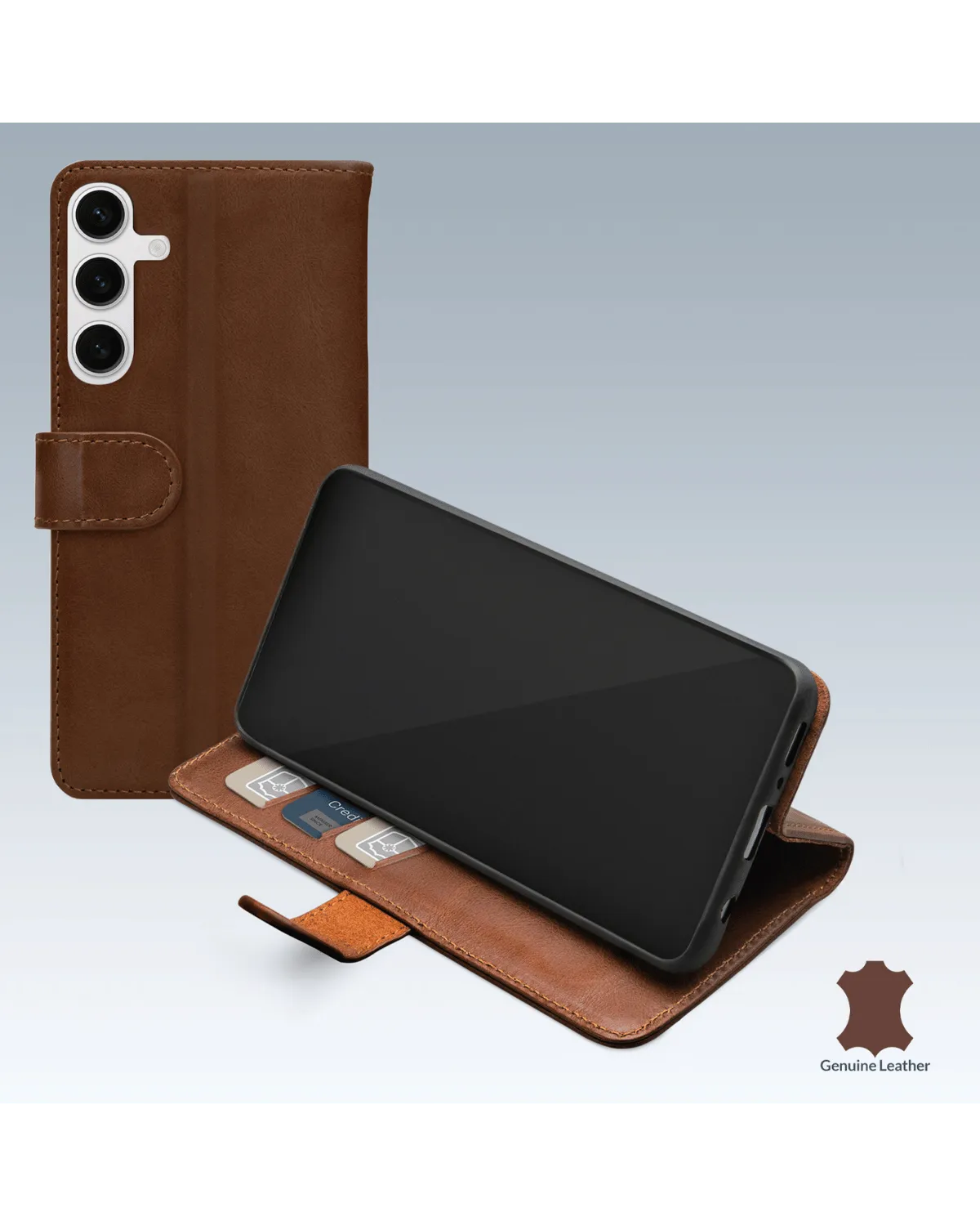 Leren wallet case in bruin voor Samsung Galaxy S24 FE 5G met vakken voor pasjes en geld, stijlvol en praktisch ontwerp.