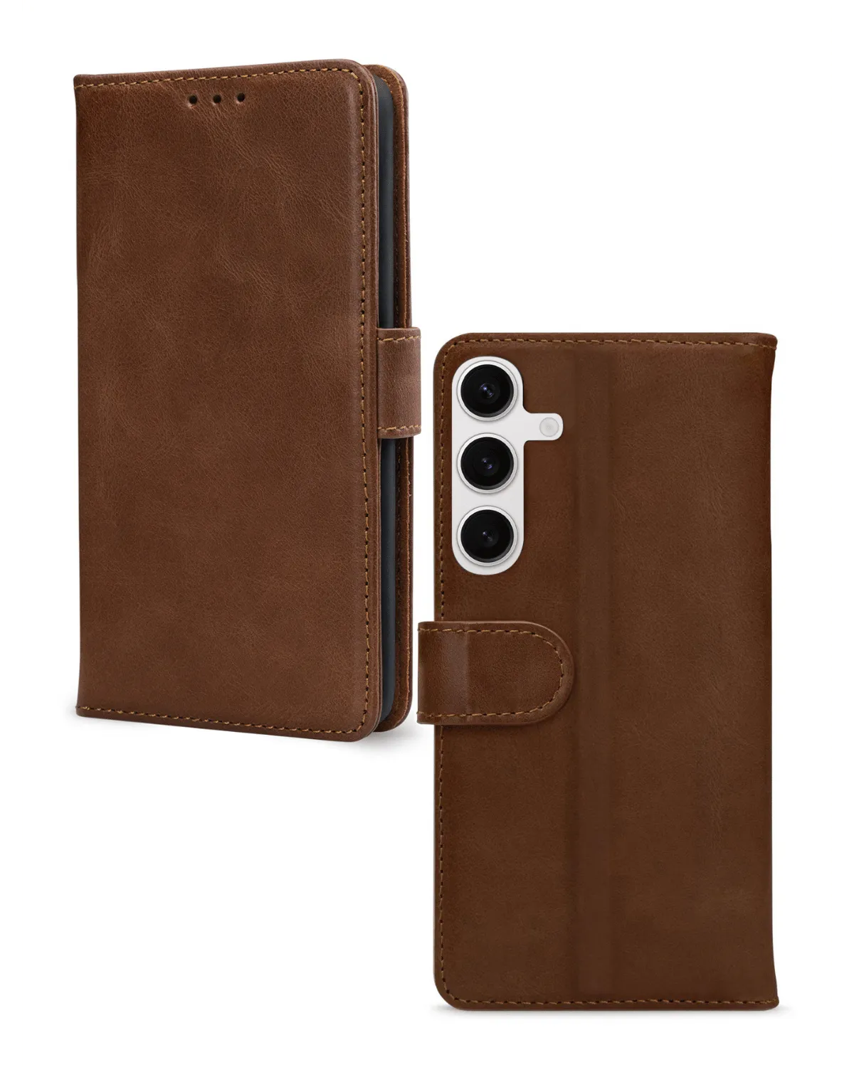 Luxe bruin leren telefoonhoesje voor Samsung Galaxy S24 FE 5G met magnetische sluiting en opbergruimte voor pasjes.